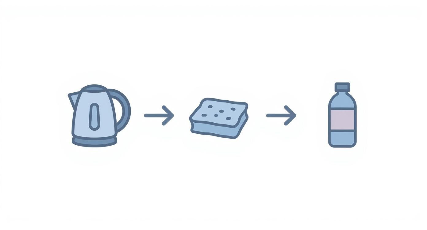 Proces illustration der viser kogning af vand i kedel til rengøring af stoppet køkkenvask afløb