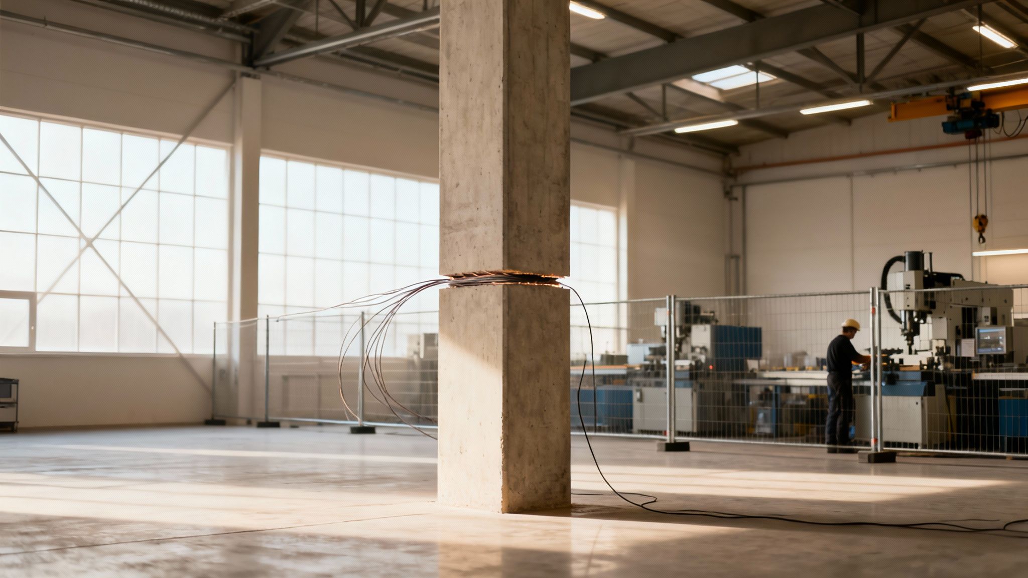Industrihal med en betonpille skåret over, hvor ledninger er monteret. En arbejder betjener maskiner i baggrunden.