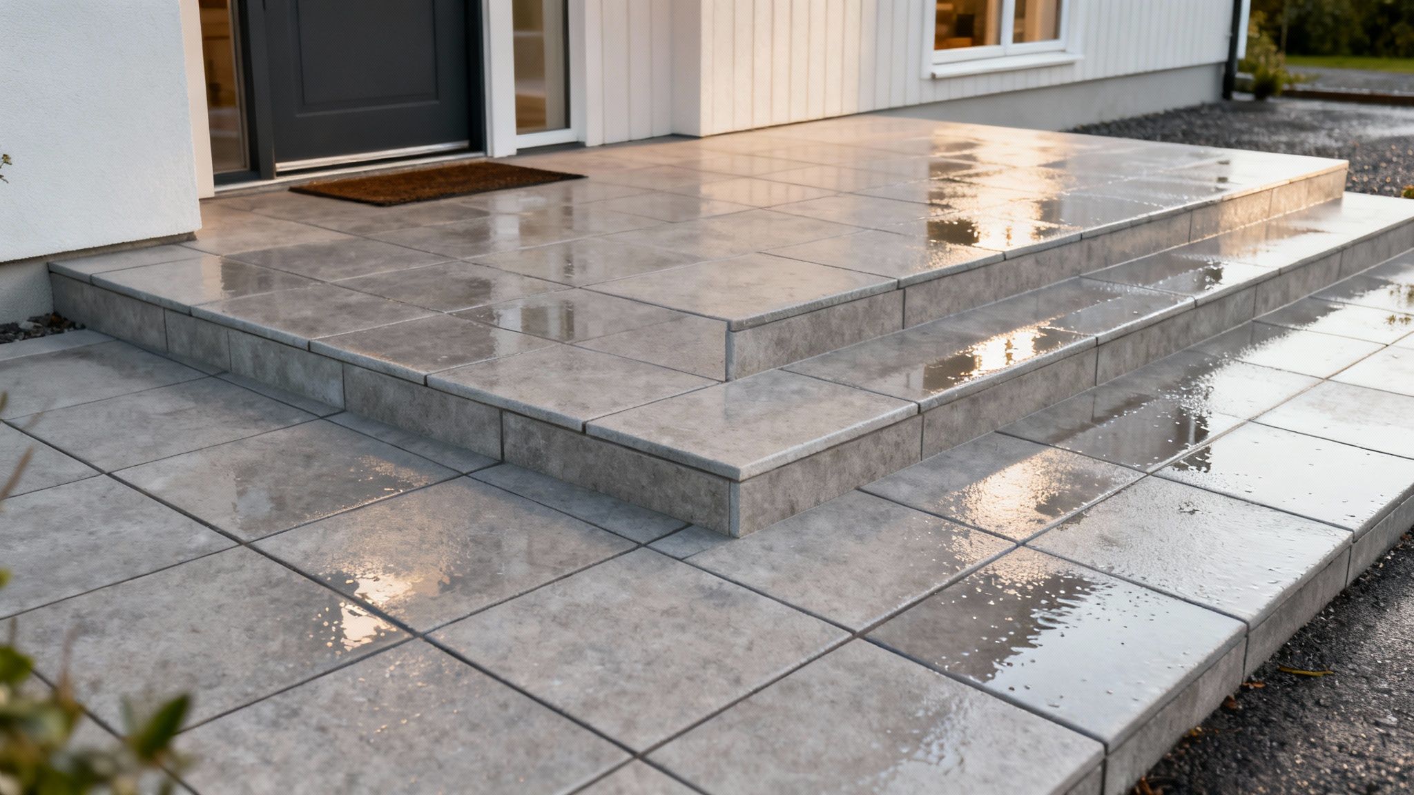 Moderne indgangsparti med grå udendørs fliser, trin og en dør, overfladen er våd.