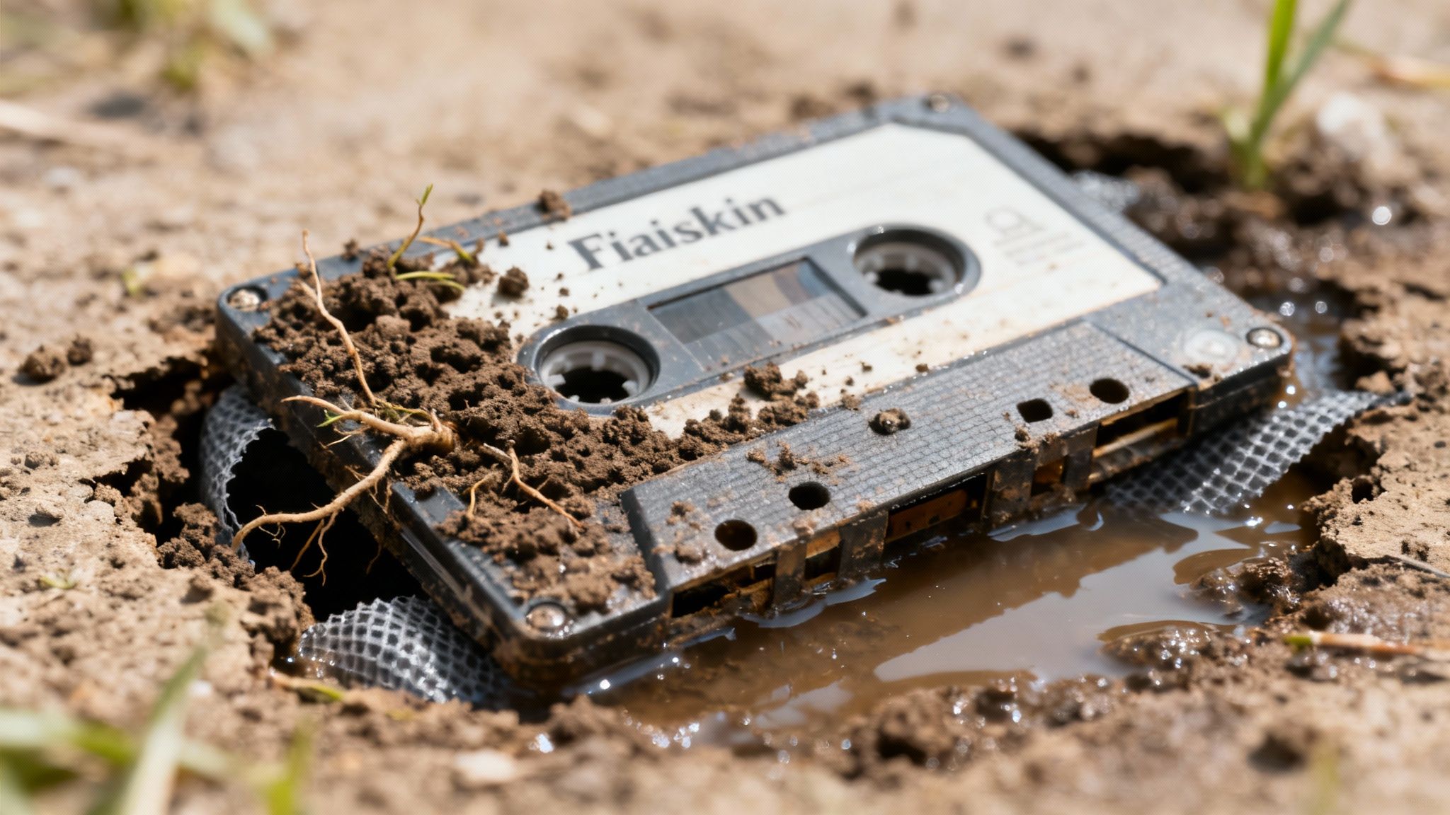 Et gammelt kassettebånd halvt nedgravet i mudret jord med vand og rødder, nær en grå dræn-faskine.