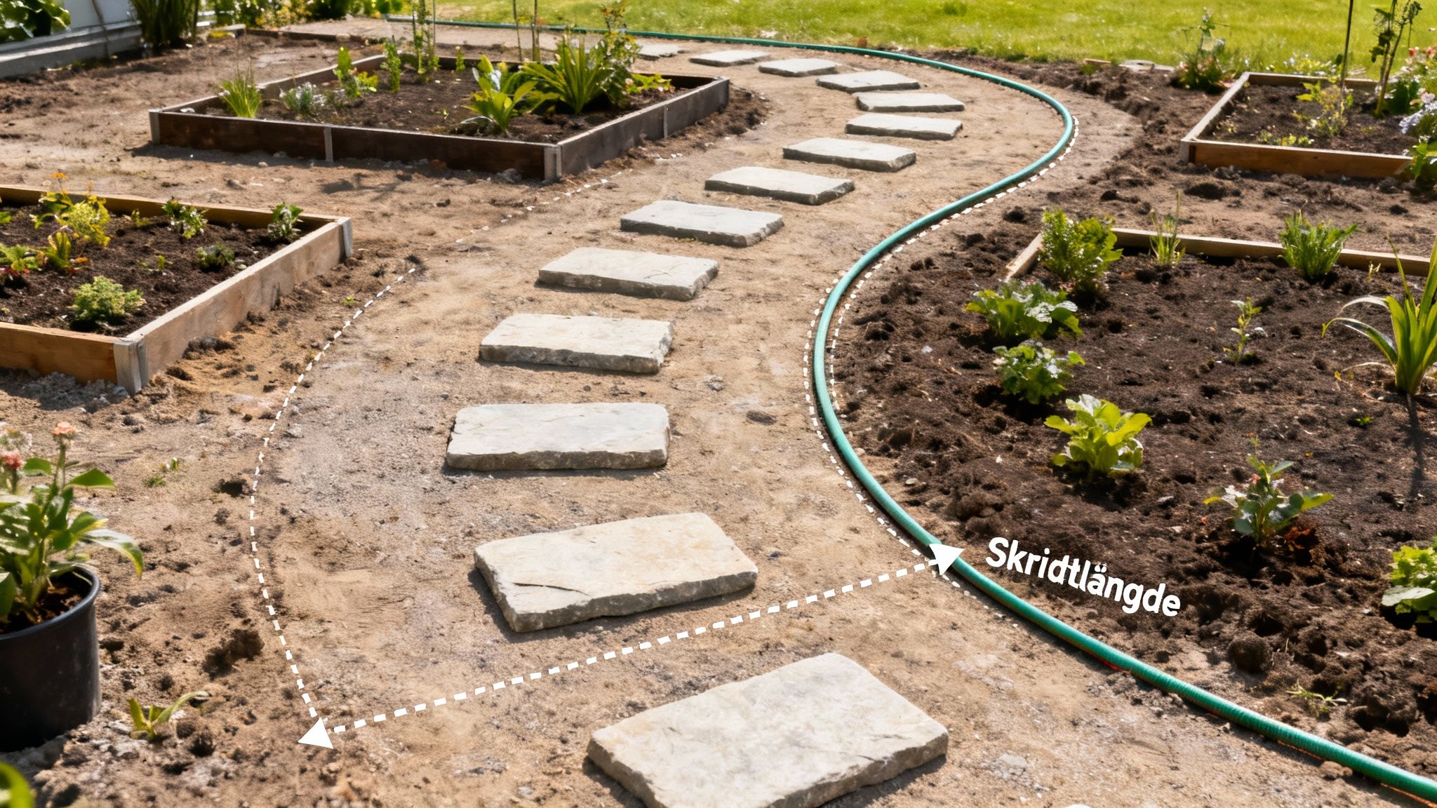 En ny anlagt havesti af trædesten mellem havebede, med en grøn slange, der viser kurve og skridtlængde.