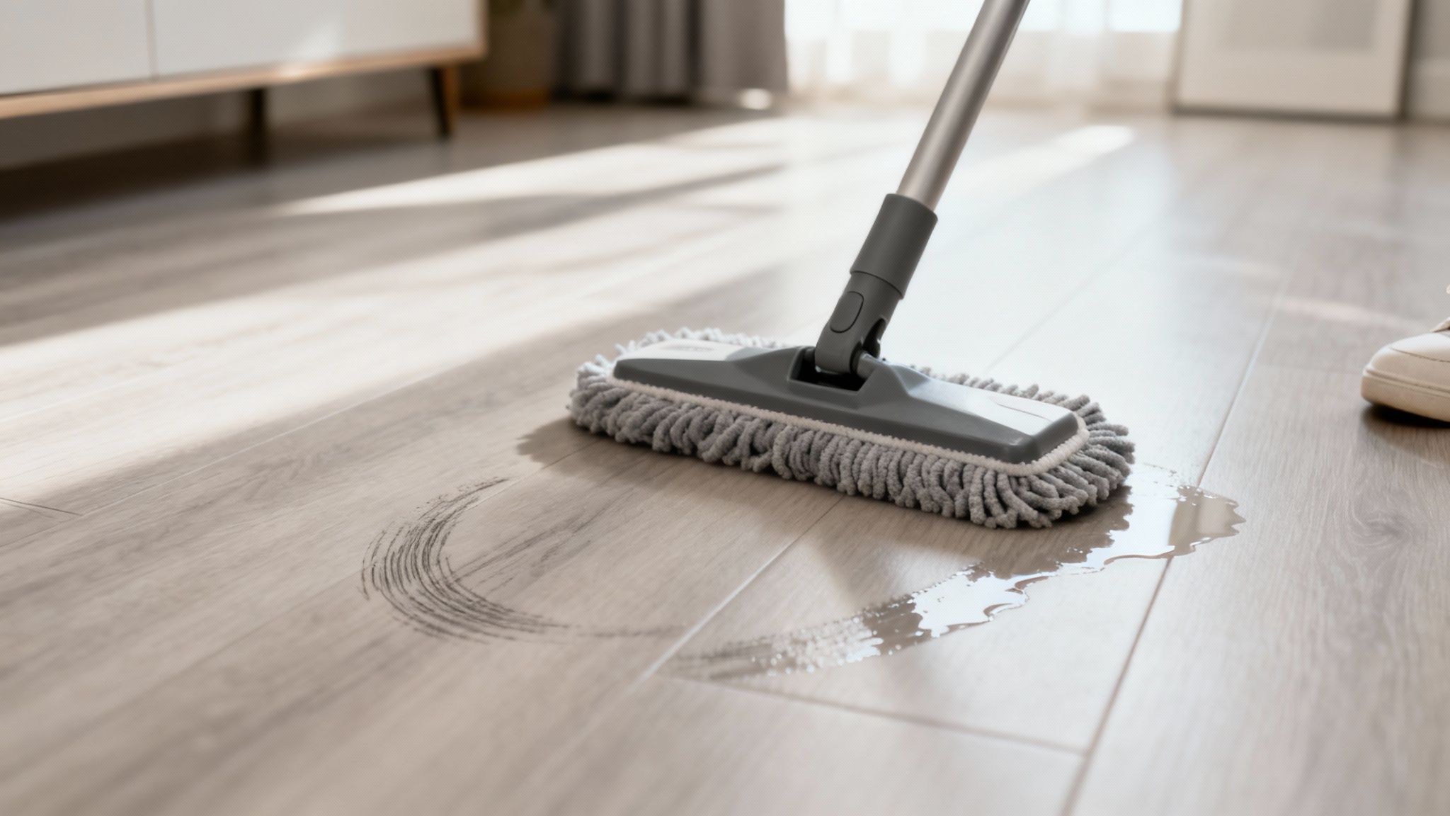 En moppe rengør et trægulv med vandpytter og en snavsstribe i et lyst rum.