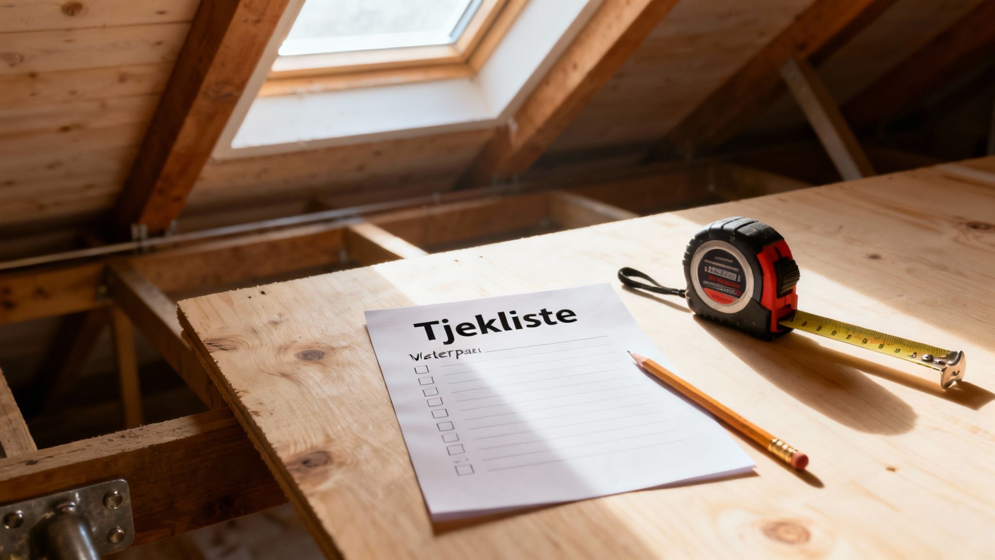 Tjekliste, målebånd og blyant på træplade i et loft med Velux vindue.