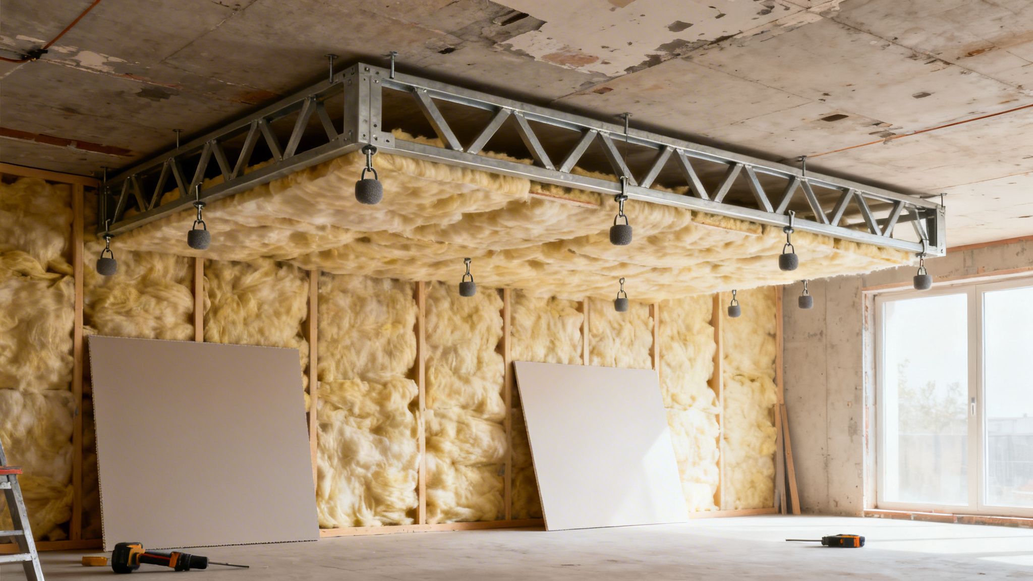 Et rum under opbygning med mineraluld på vægge og loft, et metalstel til lyddæmpning og gipsplader.