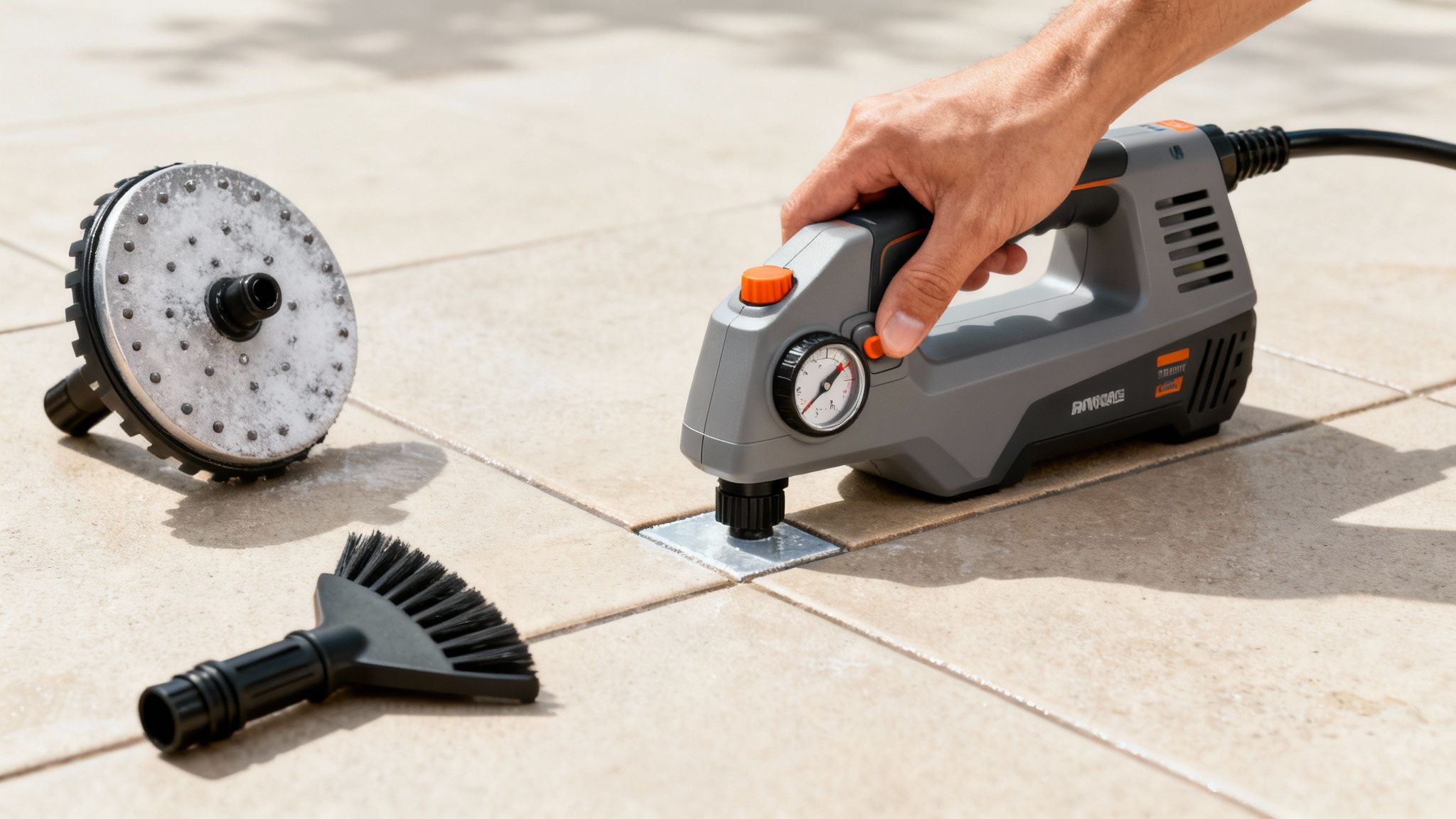 En person rengør udendørs fliser med en håndholdt fliserenser, med forskellige tilbehør ved siden af.