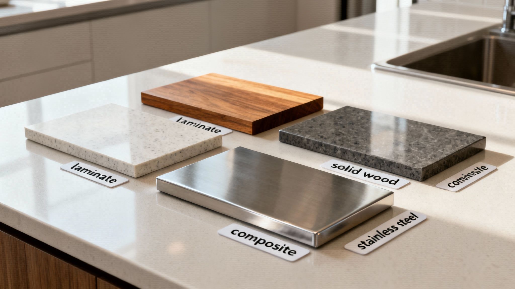 Moderne køkken der viser forskellige materialer i indretningen