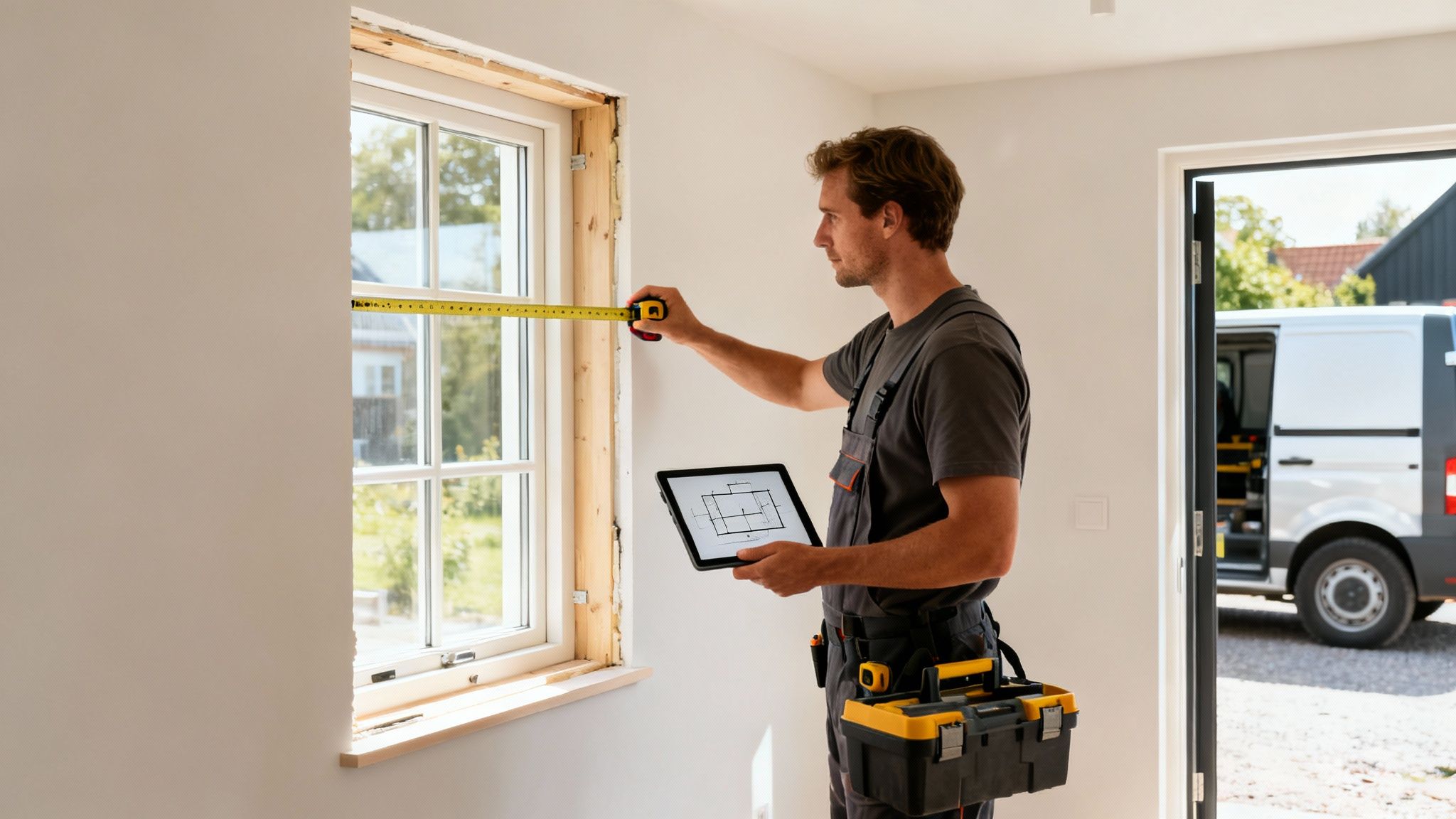 Håndværker måler vindue med målebånd og tablet, klar til at montere nyt vindue.