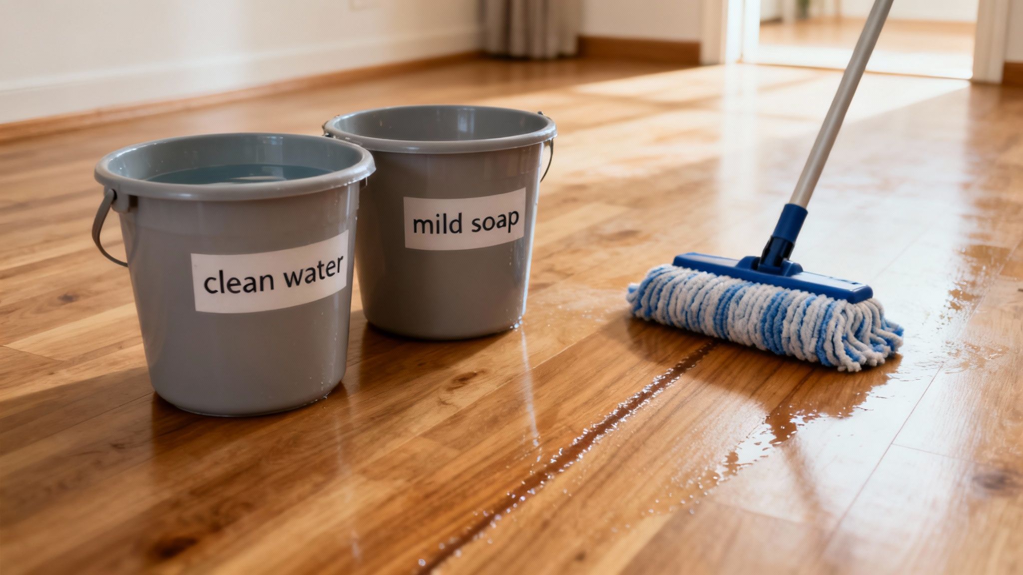 En person vrider en moppe hårdt op over en spand.