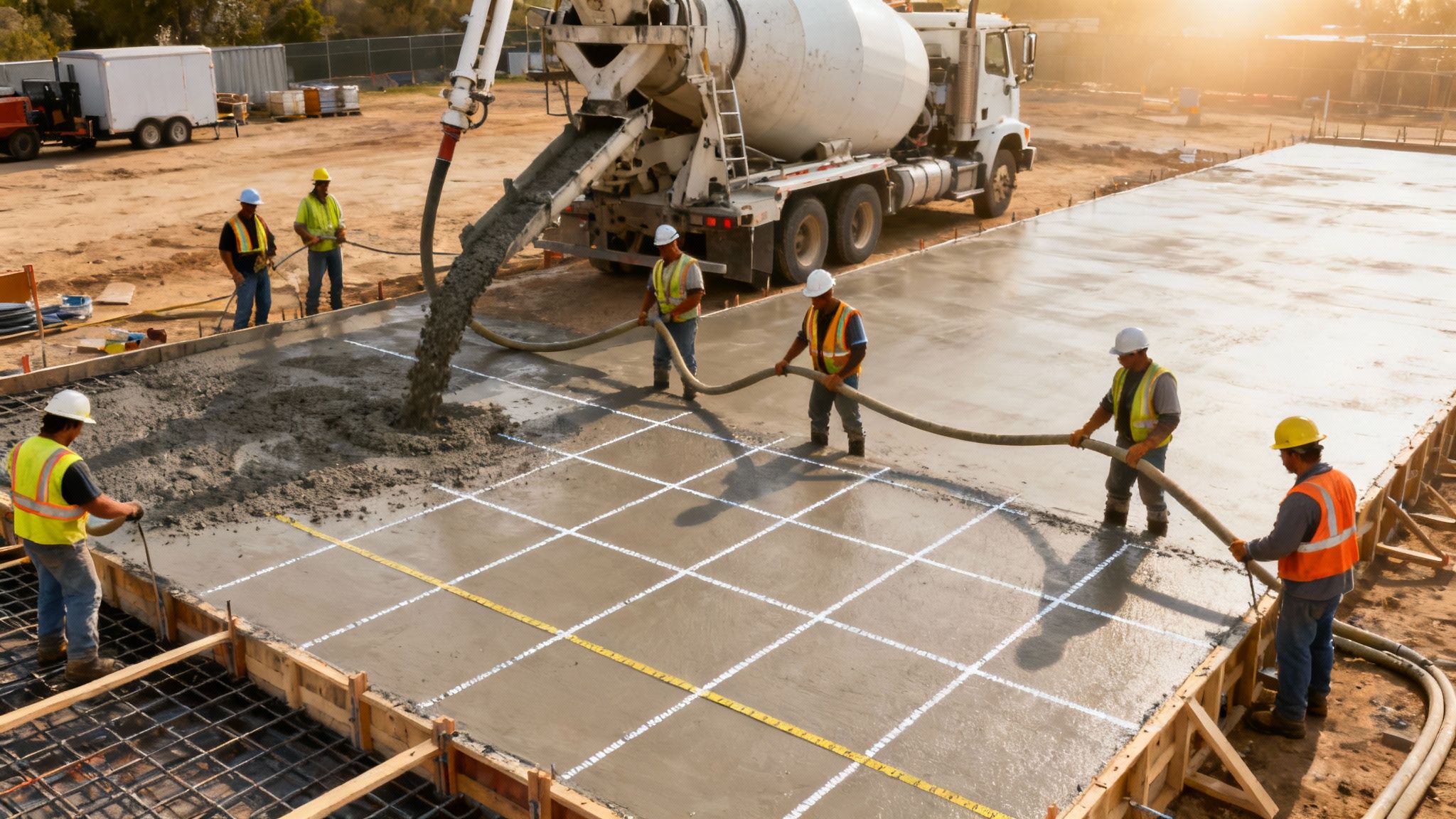 Arbejdere støber betongulv med betonblander lastbil og udglatter beton på byggeplads