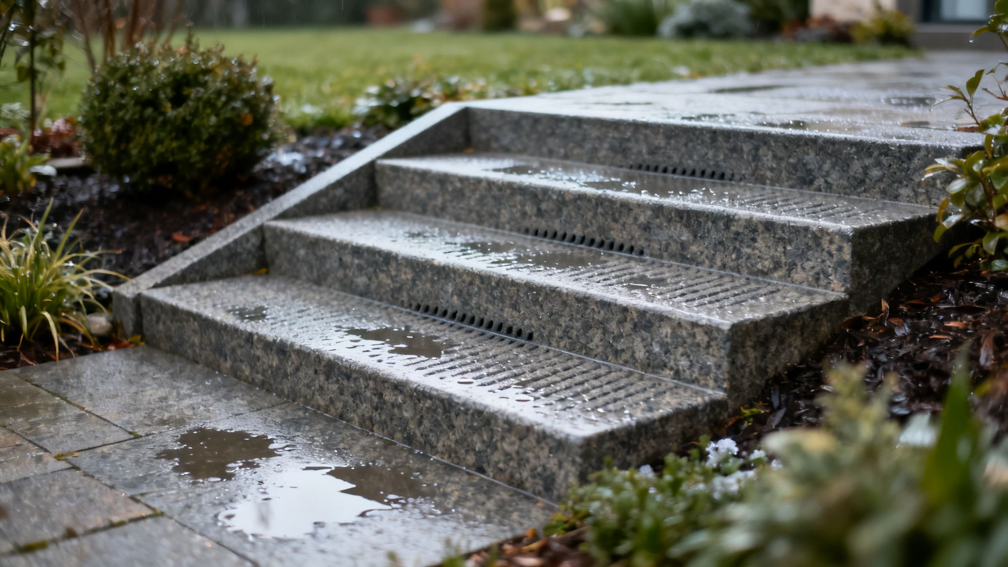 Våde, mørkegrå granittrapper i en regnvåd have med grønne planter og små vandpytter.