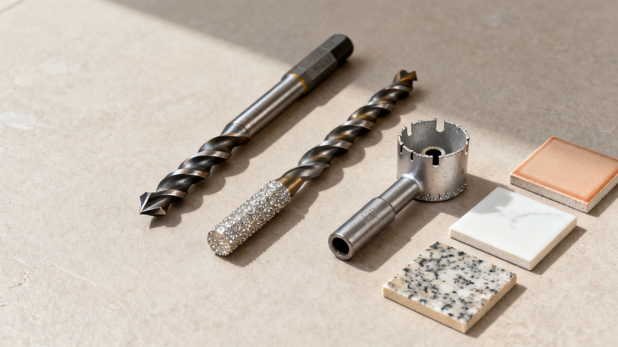 Forskellige bor til fliser, herunder diamantbor og hulsav, sammen med fliseprøver på en lys overflade.