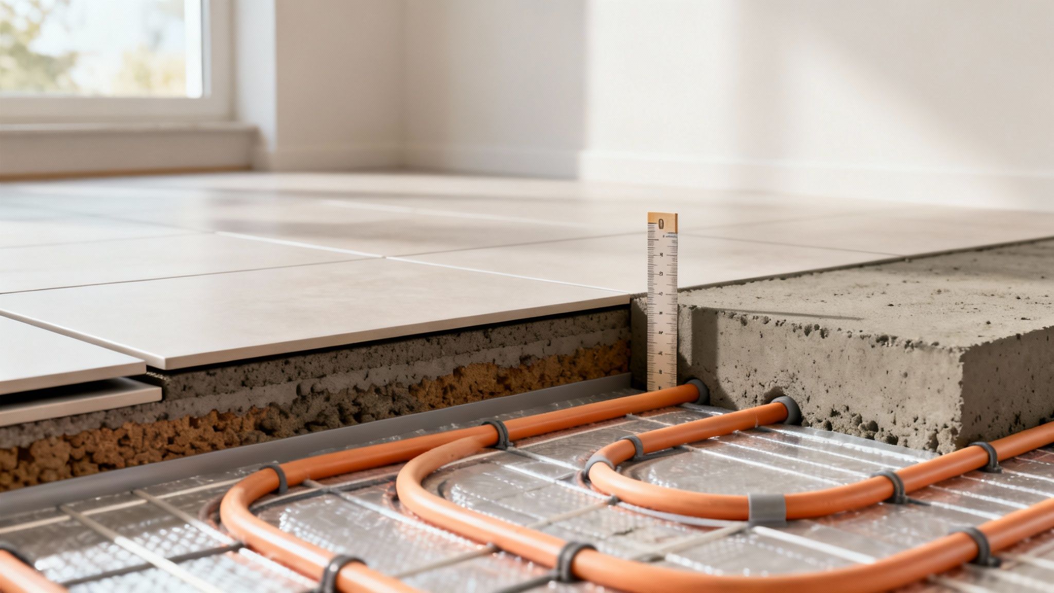 Tvrsnit af gulvvarmeinstallation med rør, isolering, afretningslag og fliser i et moderne rum.