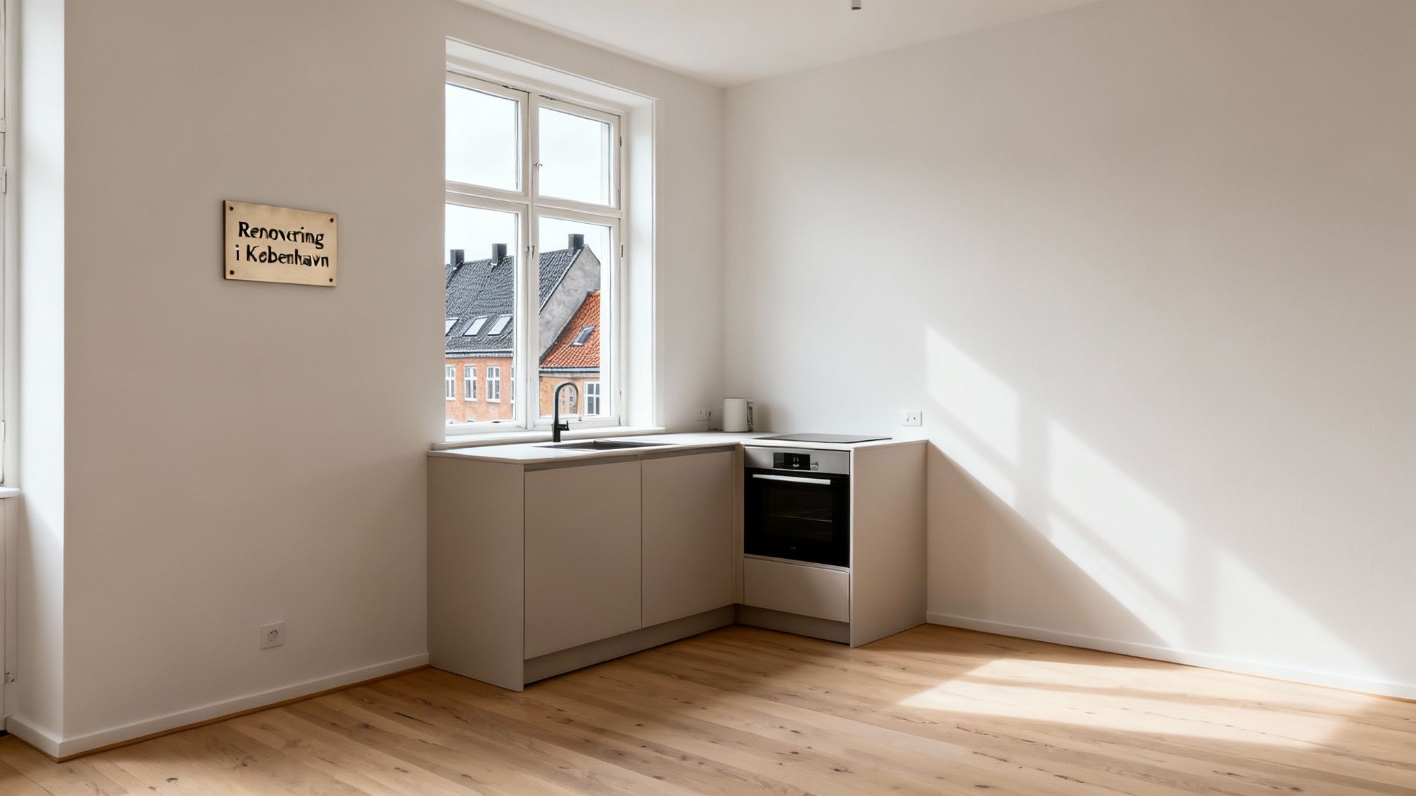 Nyt køkken i lejlighed i København med moderne indretning, vindue med udsigt, trægulv og et skilt om renovering.