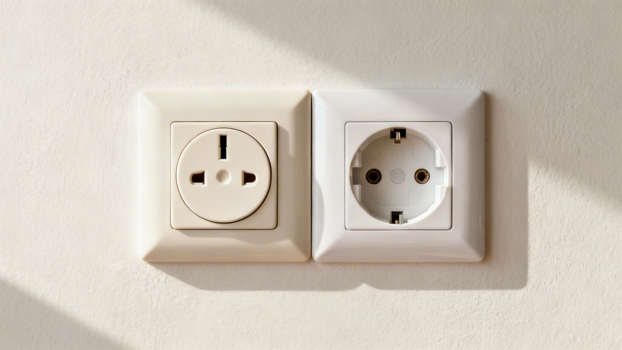 To forskellige typer stikkontakter, en Type G og en Schuko, monteret på en lys væg med sollys og skygger.