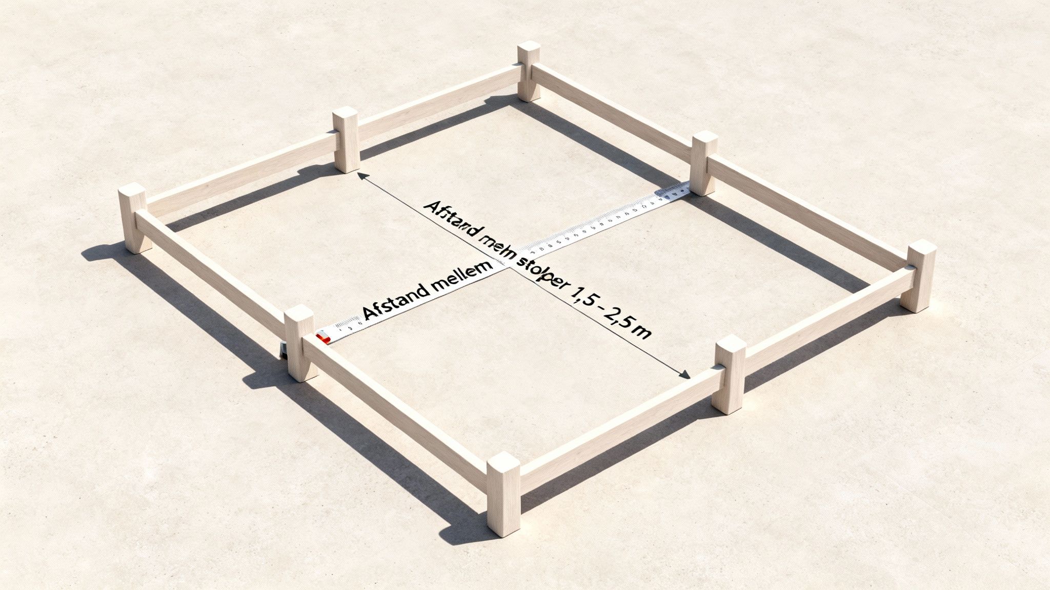 Et kvadratisk træstel med stolper og bjælker, der viser anbefalet afstand mellem stolperne på 1,5-2,5 meter.