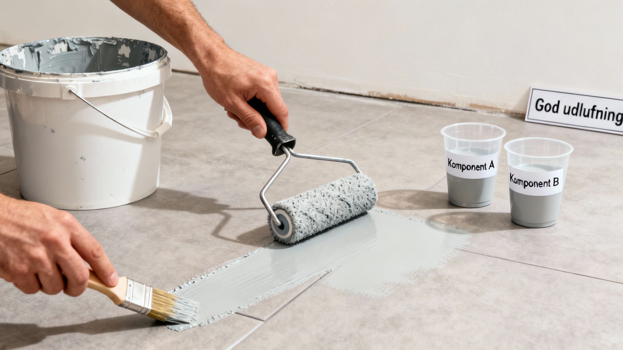 En person maler et gulv med grå maling, en rulle og en pensel, med malerudstyr og komponenter.