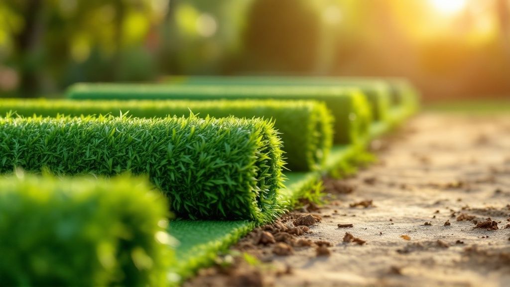 En tæt og sund græsplæne, halvt etableret som sået græs og halvt som rullegræs for at vise forskellen.