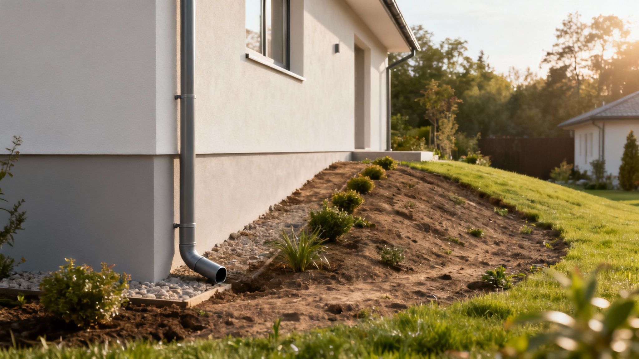 En ren tagrende på et hus, hvor vandet ledes korrekt væk for at forebygge fugt i kælderen