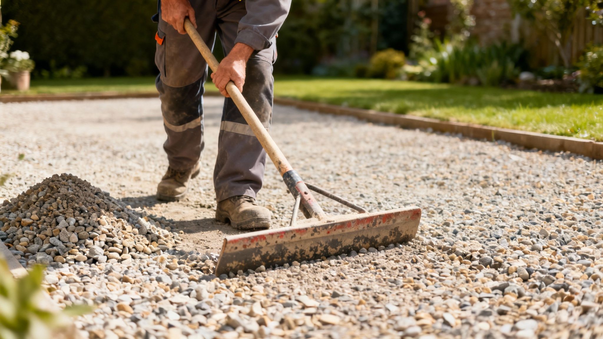 En person i arbejdstøj spreder grus på en indkørsel med en rive, klar til at lægge ny grussti.