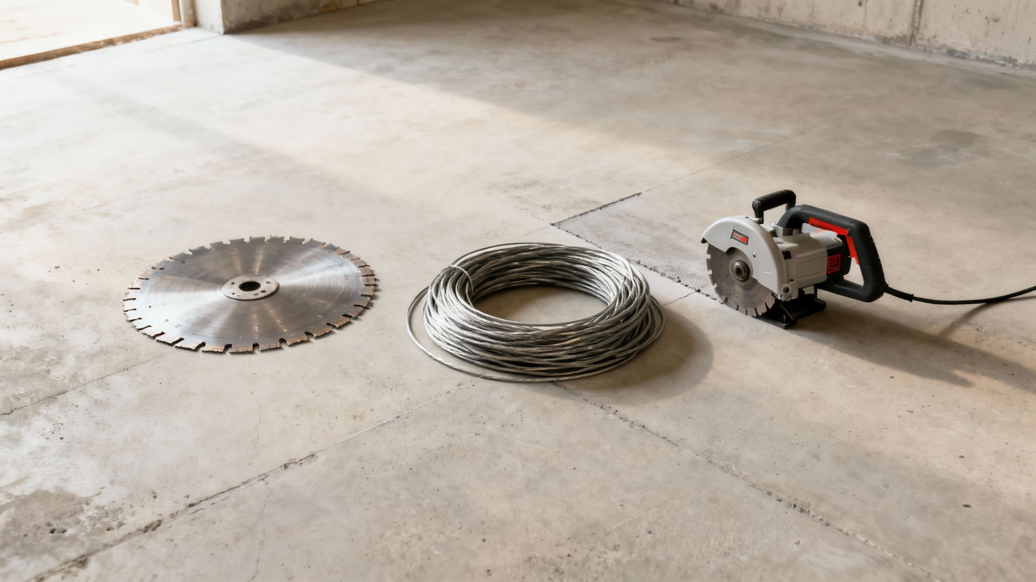 På et råt betongulv ligger et stort cirkelsavblad, en kabelrulle og en betonskærer klar til brug.