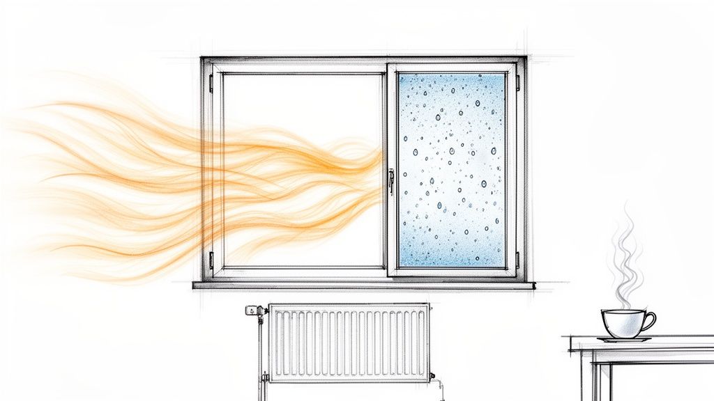 Illustration af varmetab (orange bølger) fra åbent vindue og kondens på lukket rude med radiator.