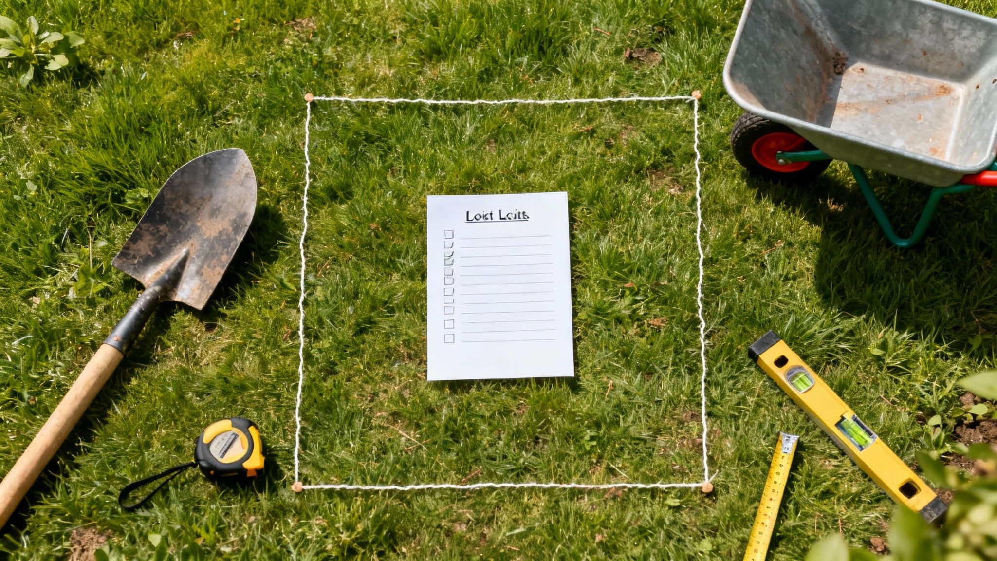 Målebånd og værktøj lagt på græsset, klar til at afmærke til en trampolin