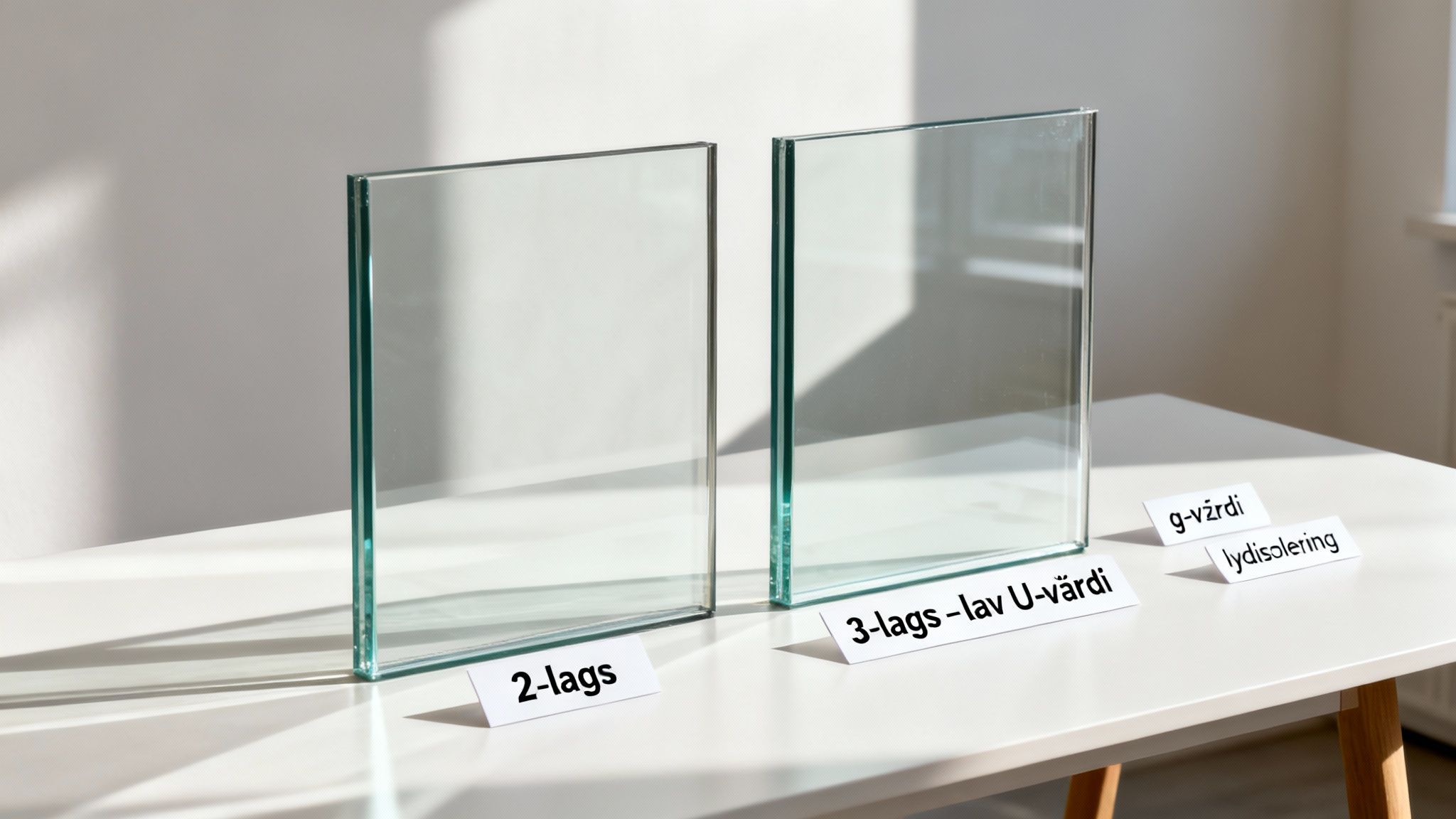 Sammenligning af 2-lags og 3-lags vinduesglas på et bord, med information om U-værdi og g-værdi.