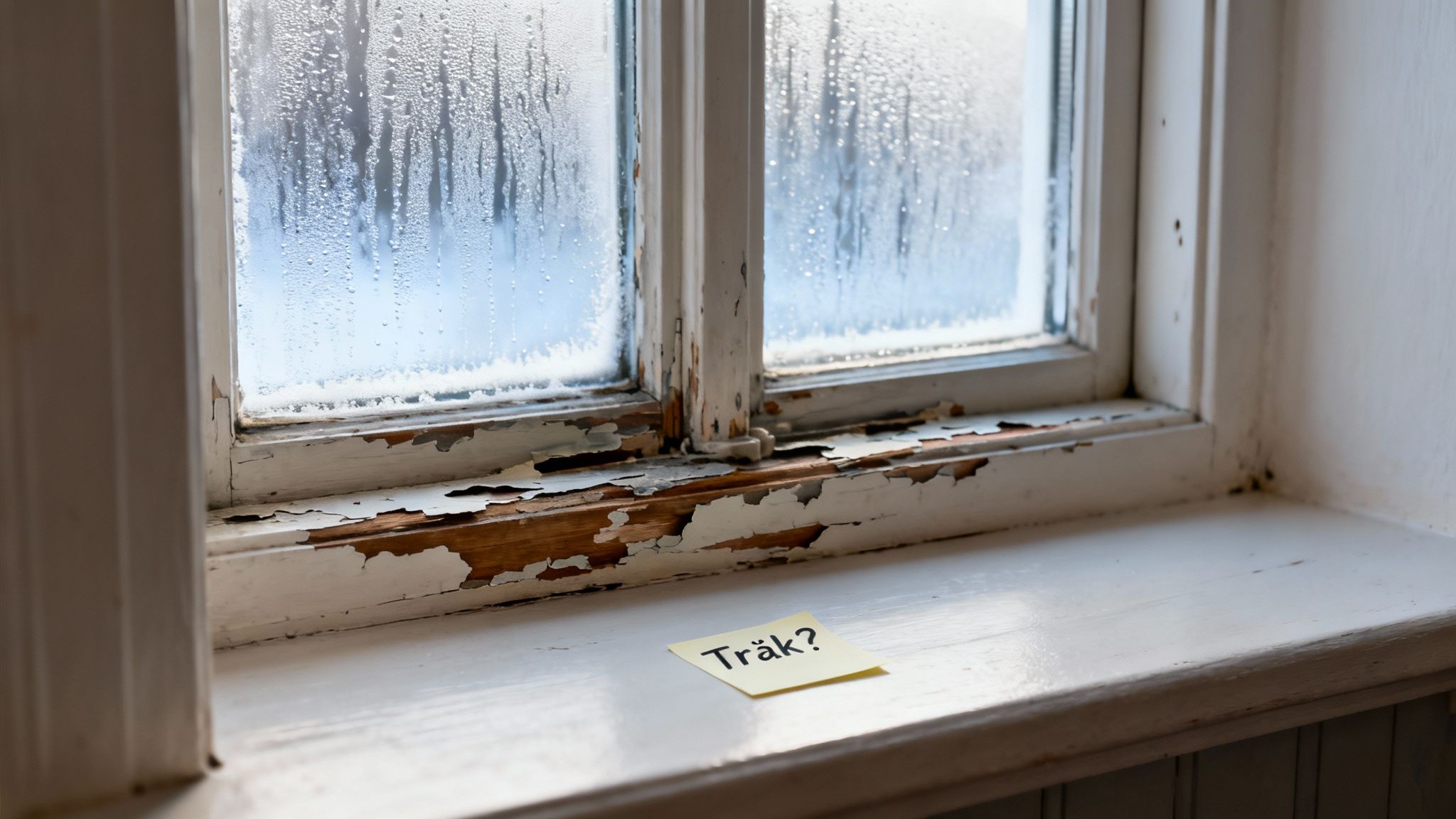 Et gammelt, slidt vindue med afskallet maling, kondens og en gul lap med spørgsmålet 'Tråk?'.