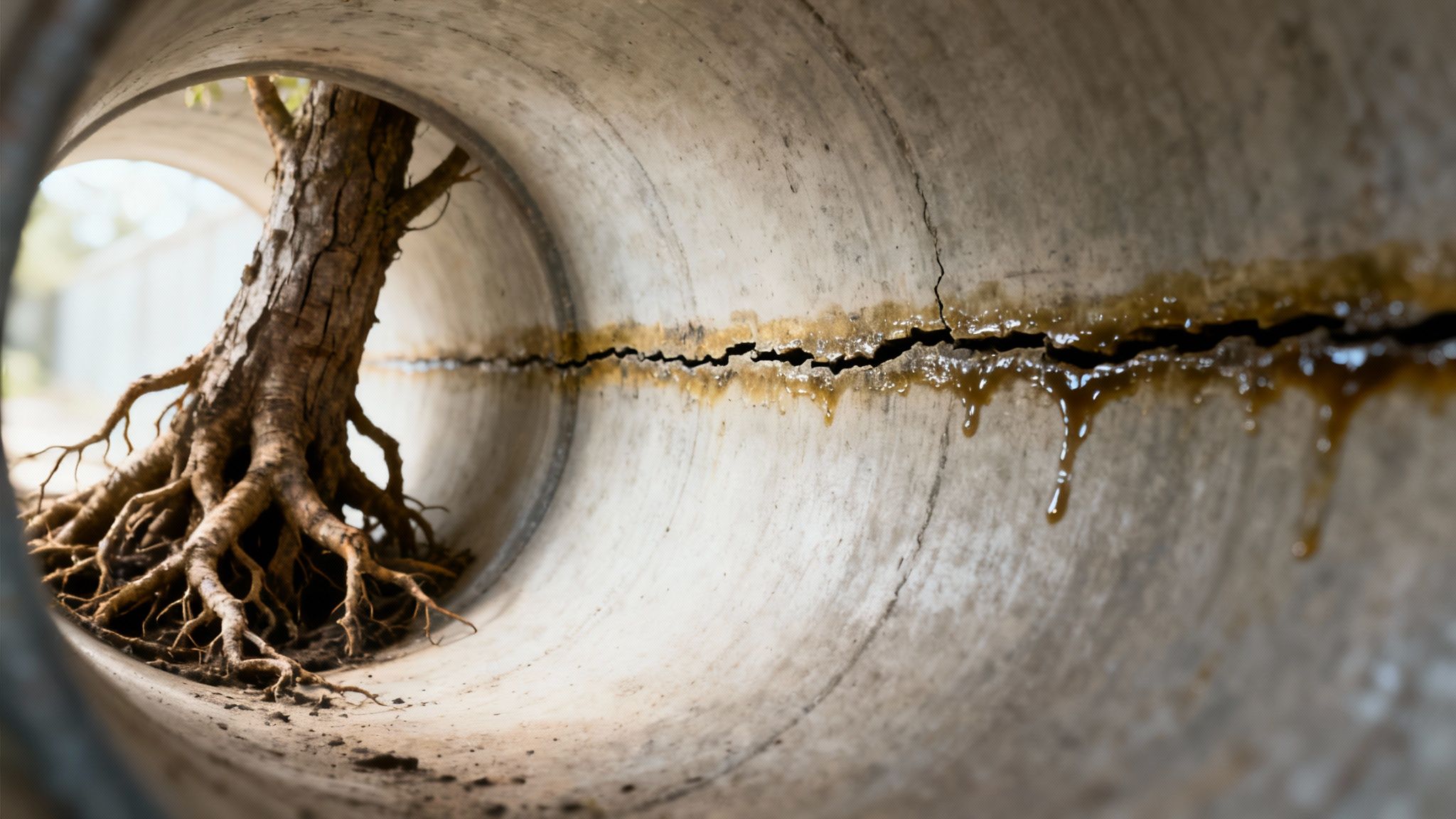 Et kloakrør med indtrængende trærødder set indefra under en tv-inspektion