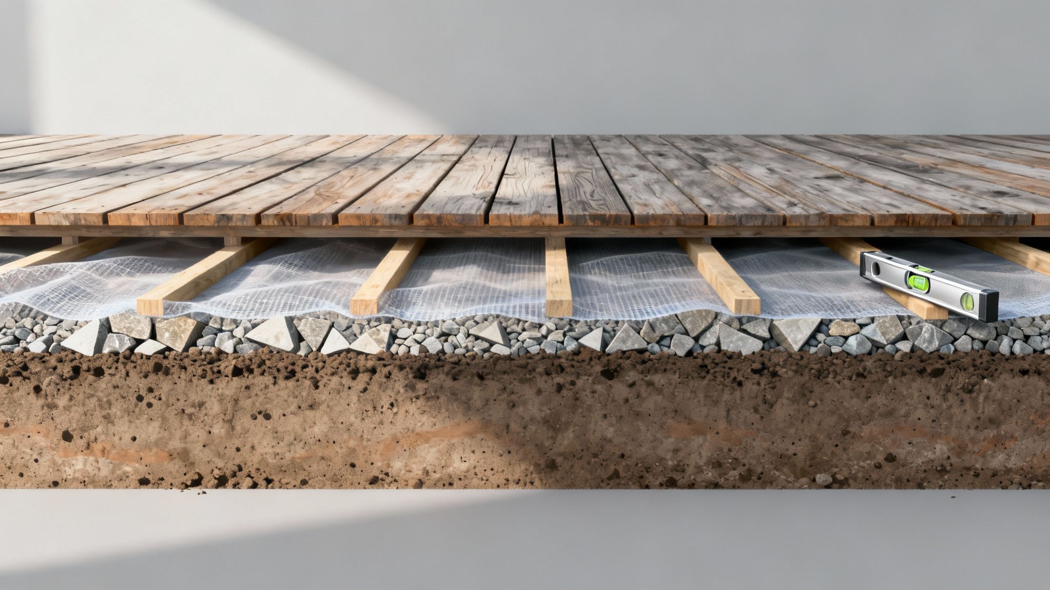 En flot træterrasse bygget på et solidt fundament, omgivet af en grøn have.