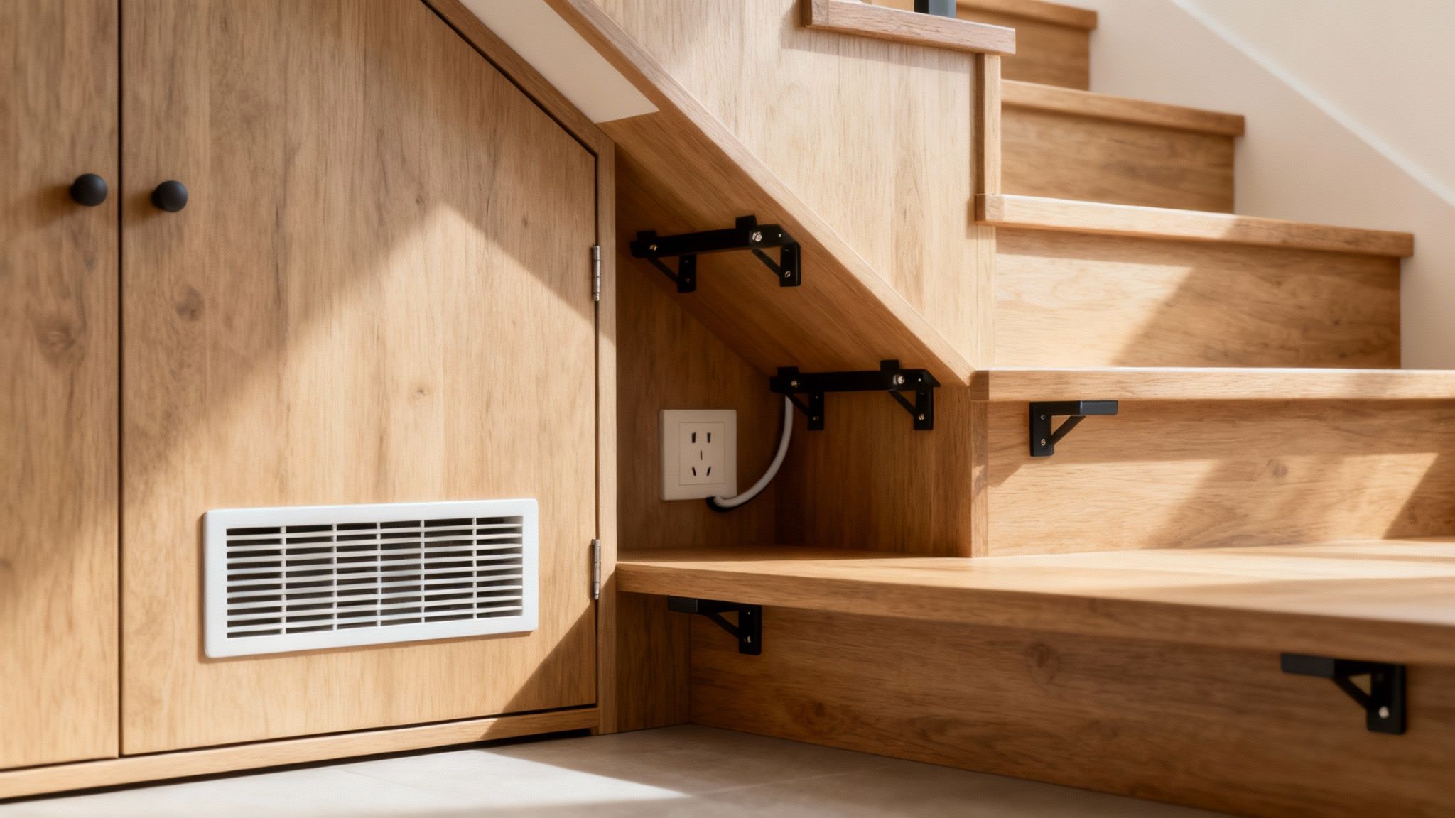 Skab under trappe med åbne hylder, stikkontakt og ventilationsgitter i lyst træ med sorte beslag