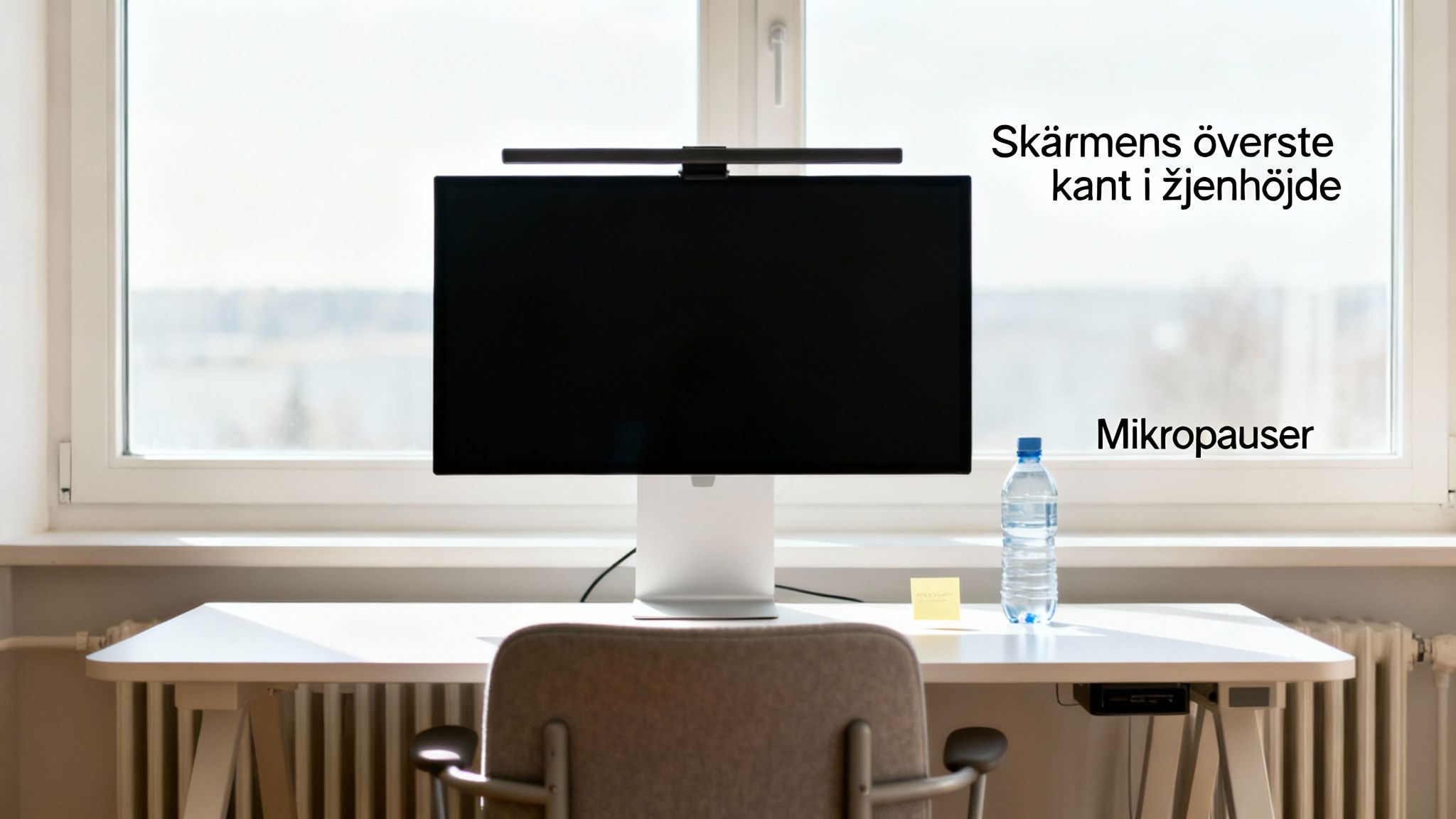 Et ergonomisk skrivebord med en computerskærm, kontorstol og en flaske vand ved et vindue, der promoverer sunde arbejdsstillinger.