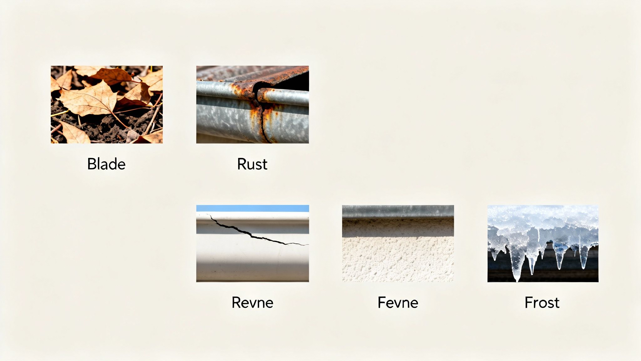 Fem billeder viser almindelige problemer med tagrender: tørre blade, rust, revner, beskadiget overflade og frost.