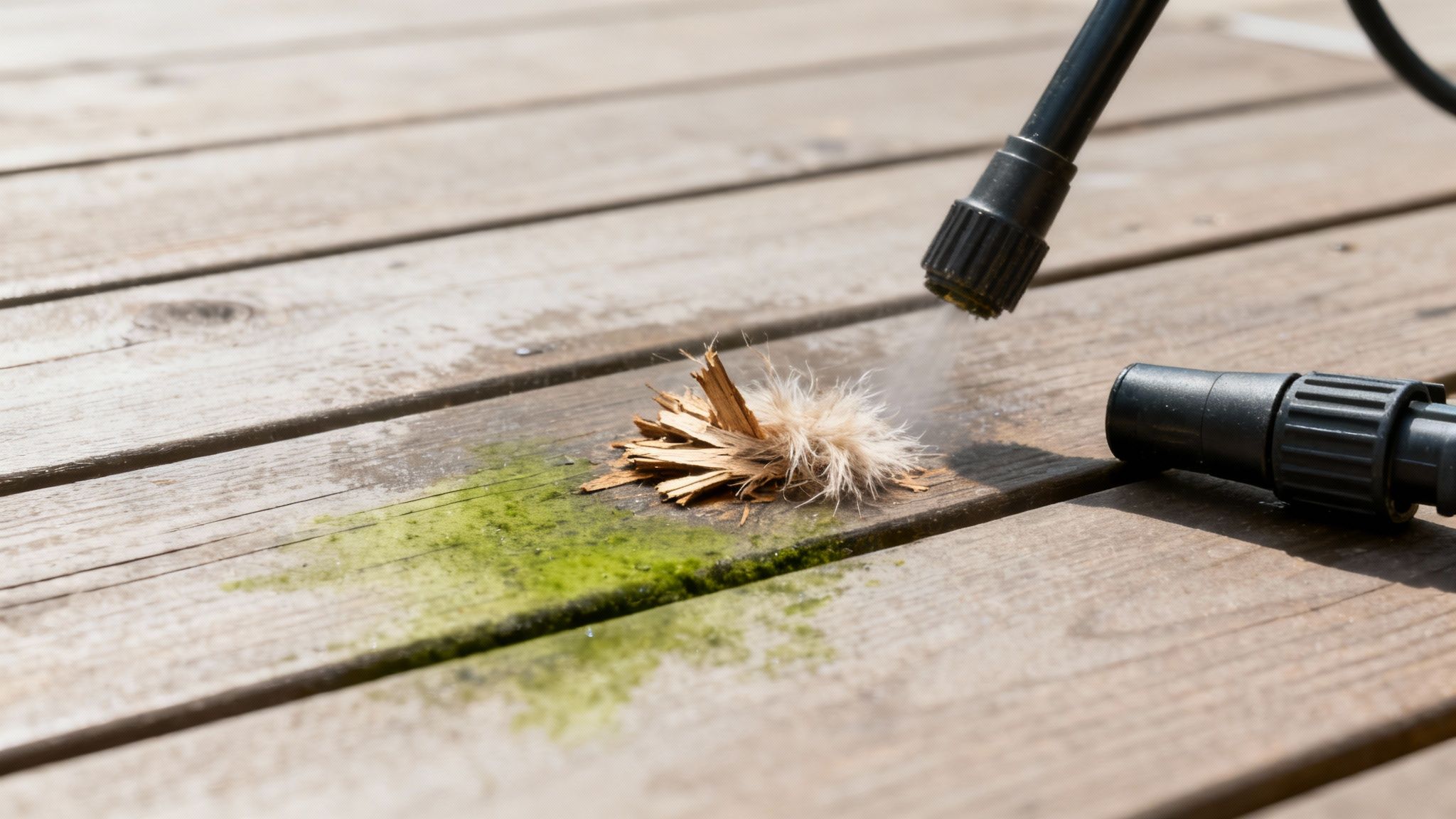 En træterrasse med tydelige skader fra forkert brug af højtryksrenser