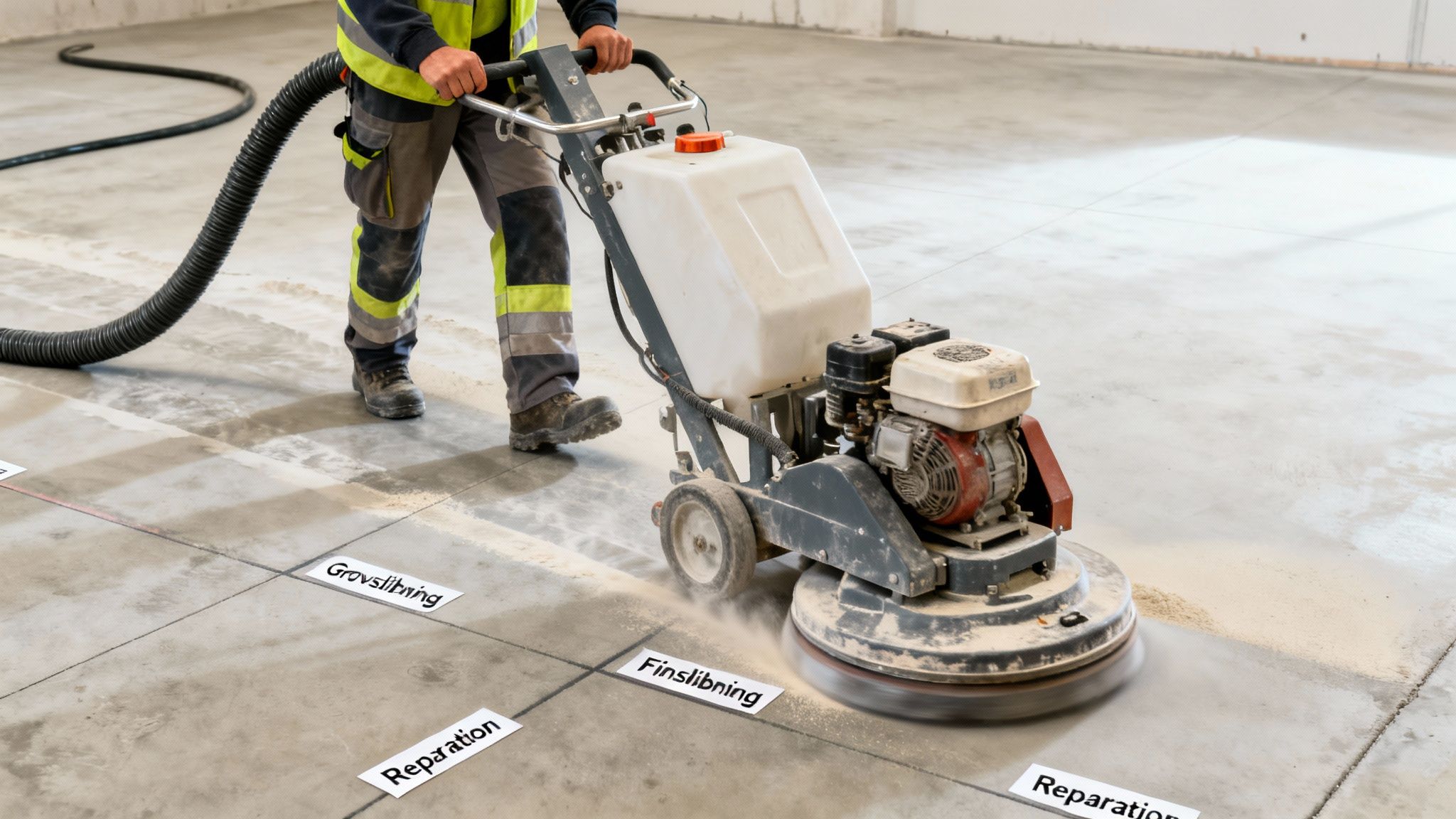 En arbejder sliber et betongulv med en stor maskine, der producerer støv, og viser forskellige trin af gulvbehandlingen.
