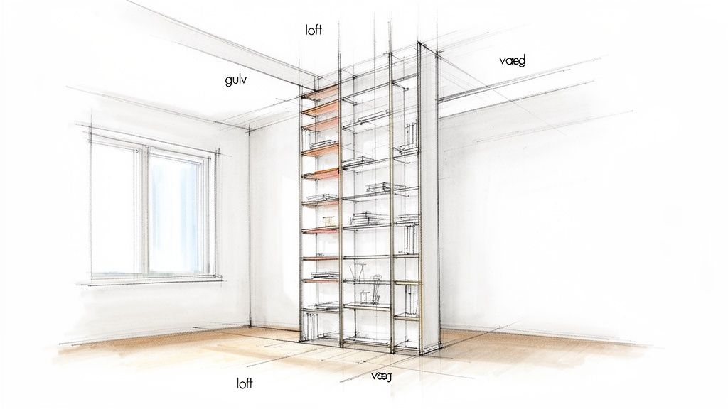 Detaljeret skitse af en moderne gulv-til-loft reol i et rum med vindue og trægulv.