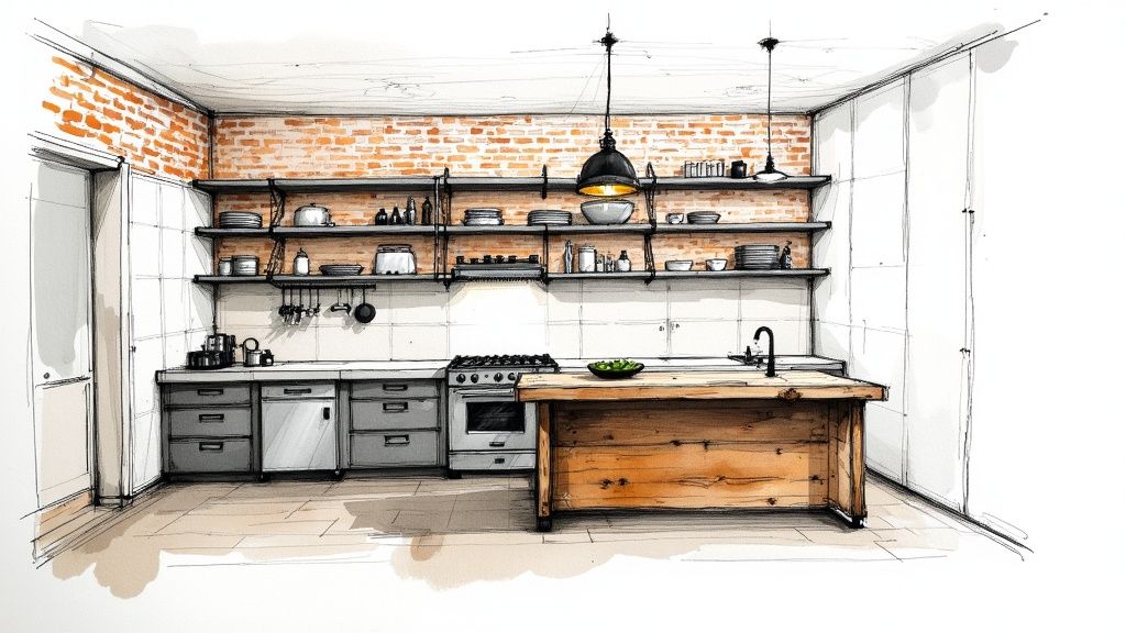 Skitseret billede af et moderne køkken med murstensvæg, åbne hylder, køkkenø og hvidevarer.