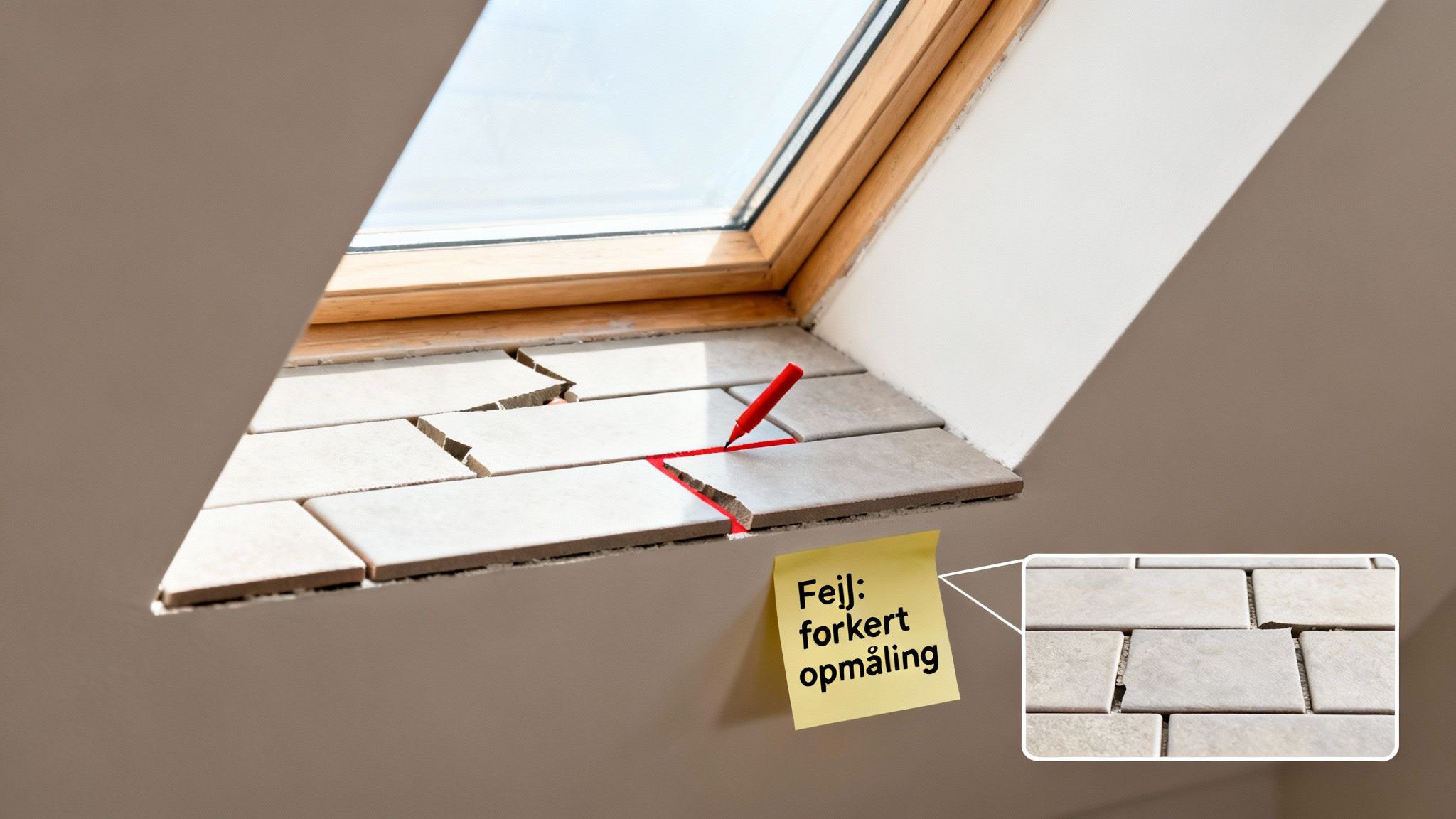 Knuste fliser ved et Velux-vindue med en rød tuschpen og en note om forkert opmåling.