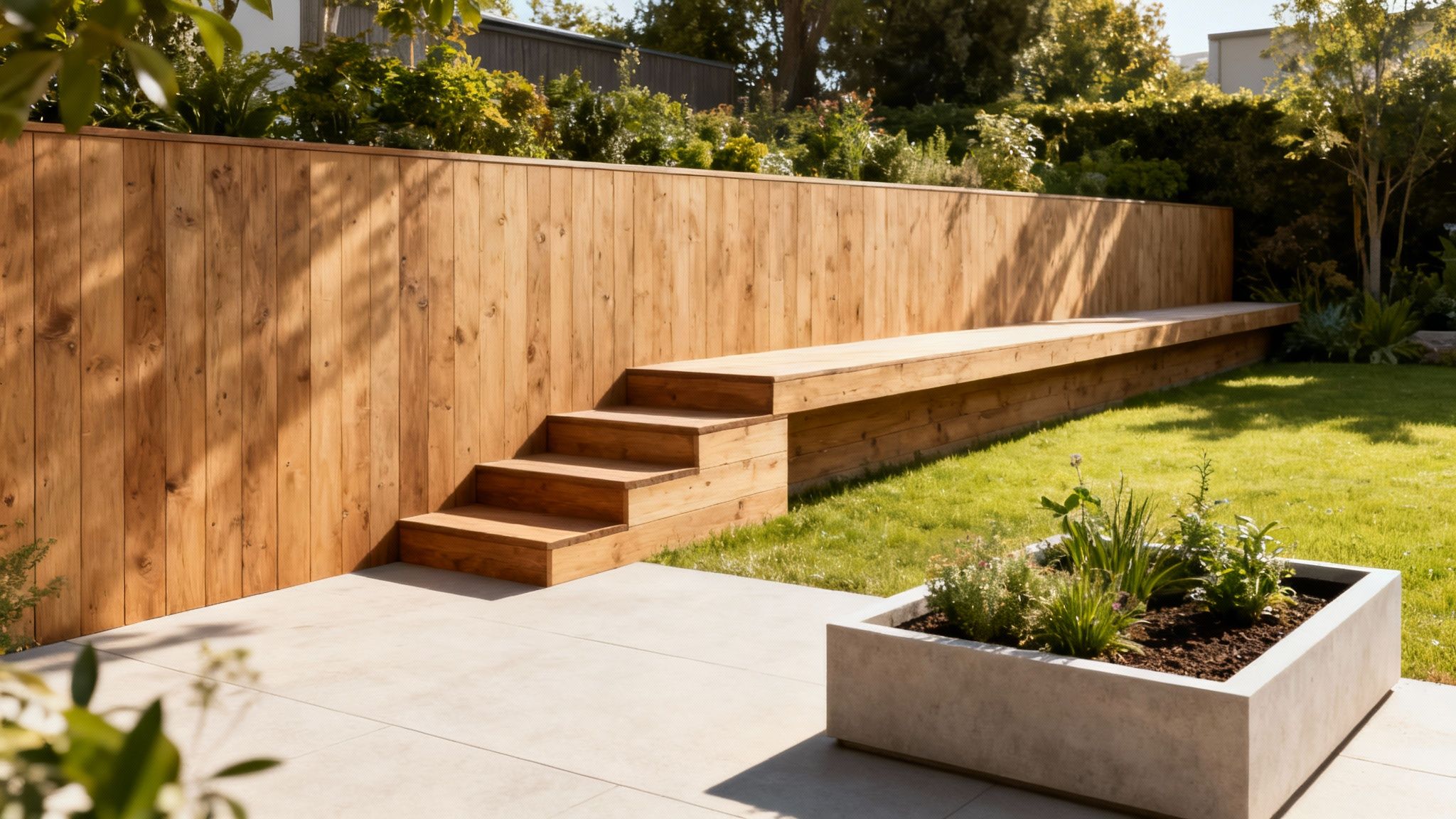 En moderne have med en flot træstøttemur, integrerede trin og en lang træbænk langs græsplænen.