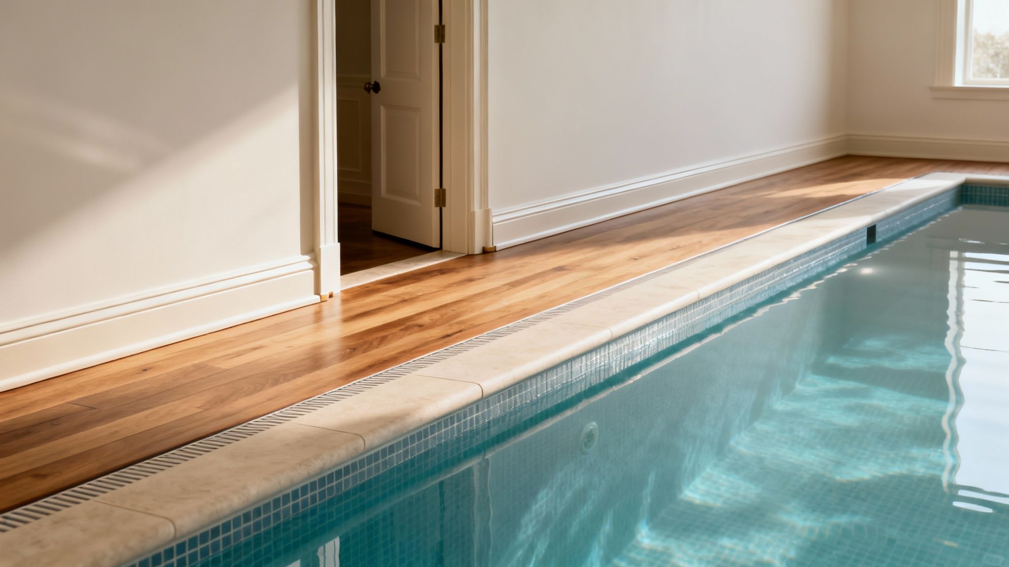 Indendørs swimmingpool med turkisblåt vand, omgivet af lyst trægulv og hvide vægge med døråbning.