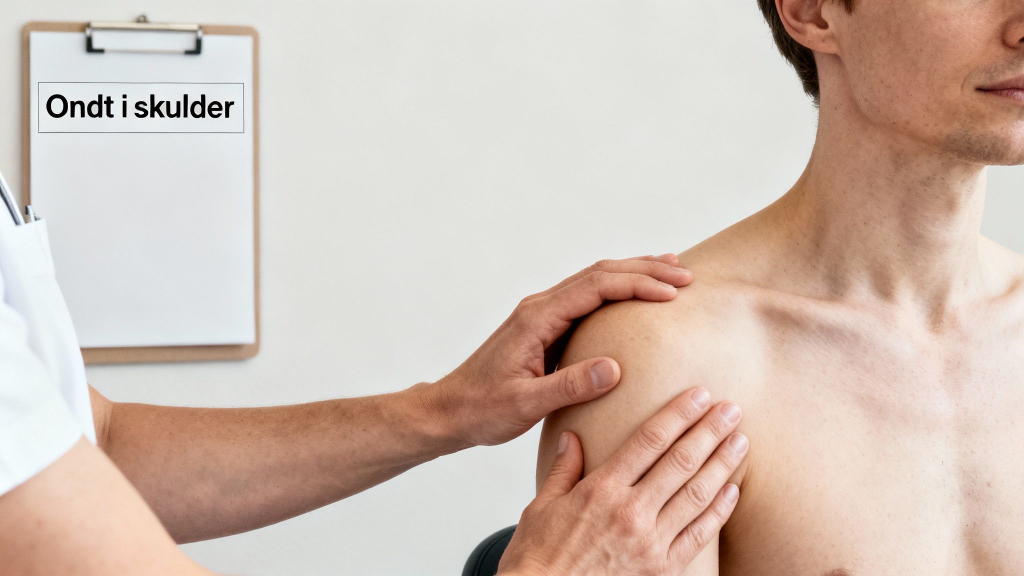 Læge undersøger en patients skulder, med teksten 'Ondt i skulder' på en clipboard i baggrunden.