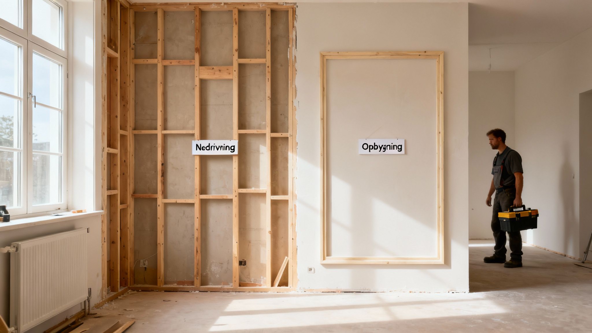 Et rum under totalrenovering med en væg til nedrivning og en til opbygning, og en håndværker.