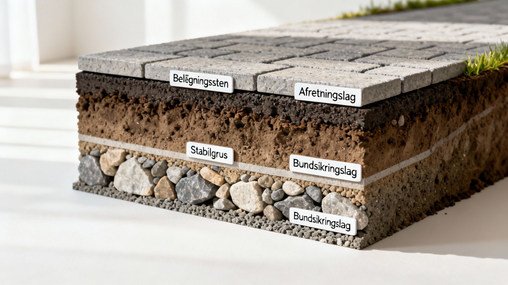 Detaljeret tværsnit af belægningssten og underliggende lag, inklusiv afretningslag, stabilgrus og bundsikringslag.