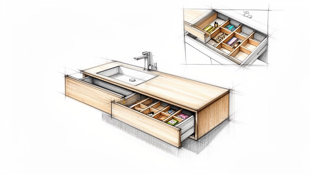 Detaljeret skitse af et moderne badeværelsesmøbel i træ med integreret vask og organiseret skuffe.