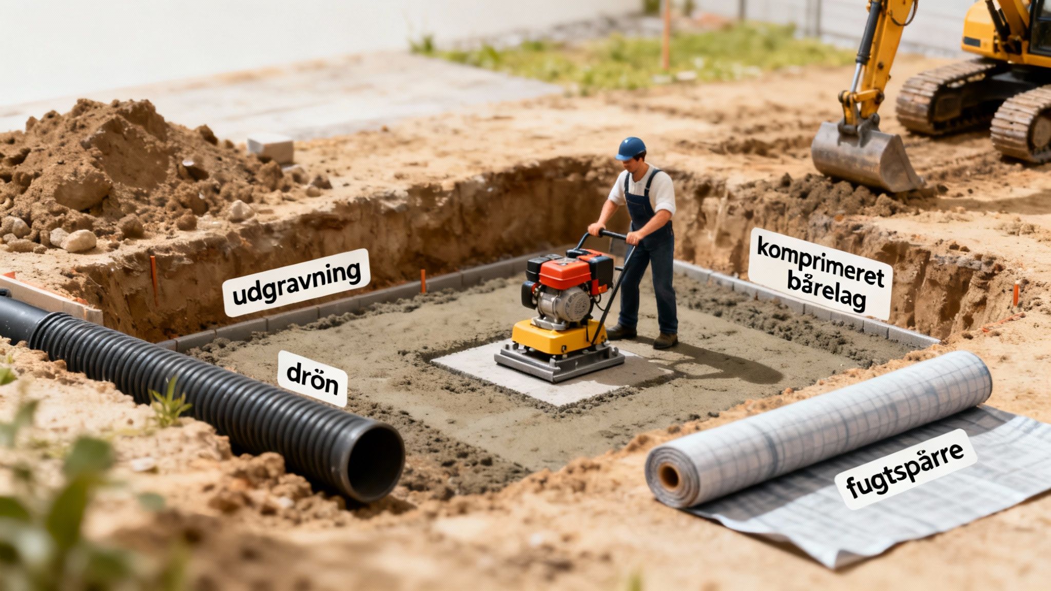 Billede viser byggeplads med anlægning af betongulv, inklusiv udgravning, dræn, komprimeret bærelag og fugtspærre.