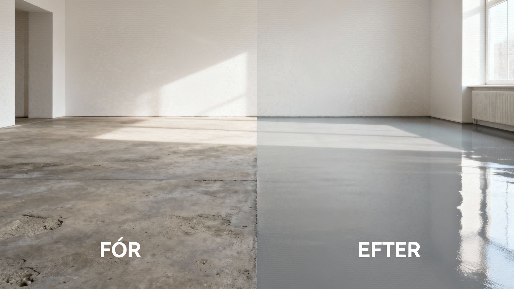Før og efter billeder af et råt betongulv, der er blevet malet med en glat, skinnende grå epoxybelægning.