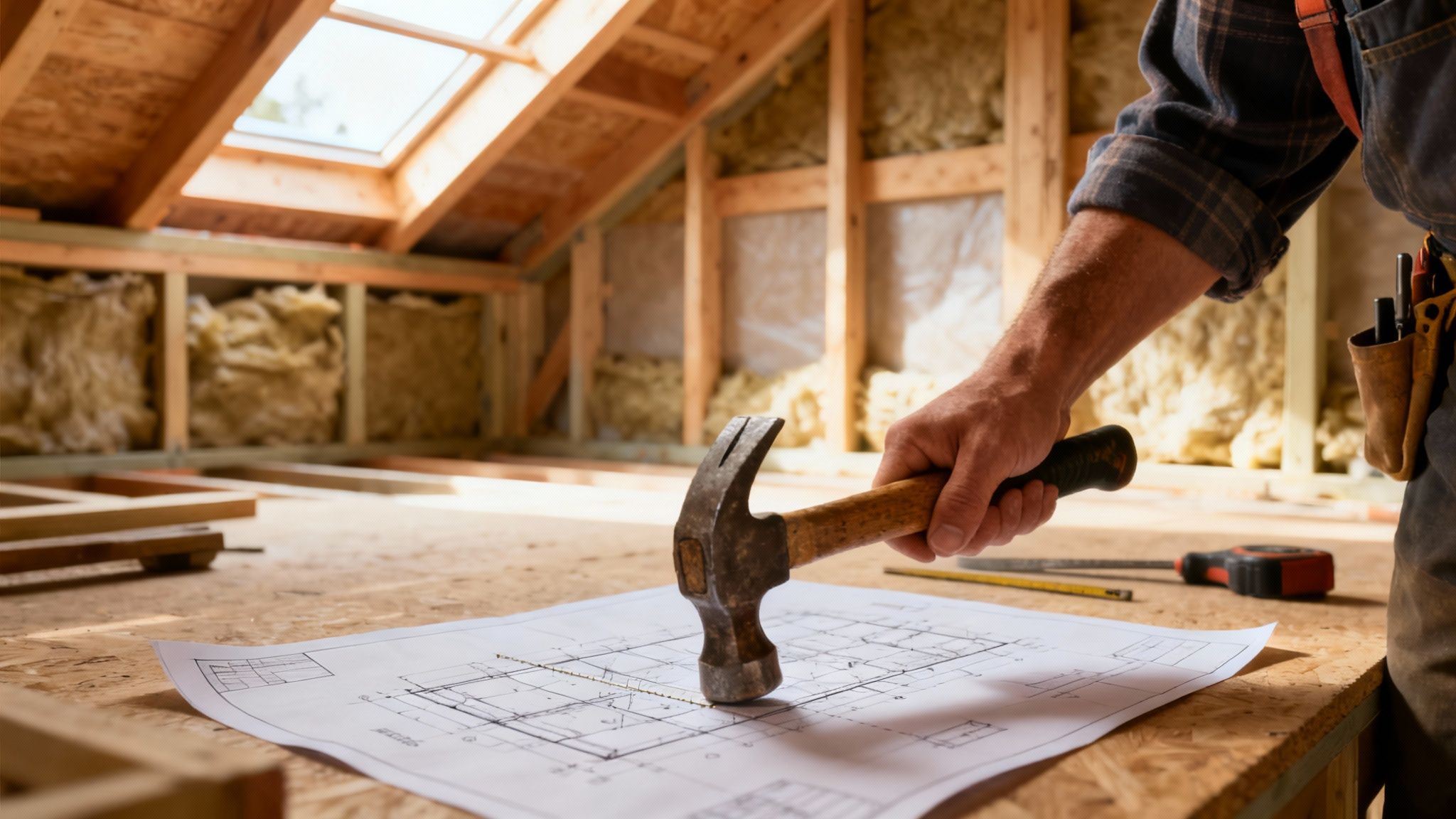 En byggemand holder en hammer over byggeplaner på et loft under opførelse med isolering og et ovenlysvindue.