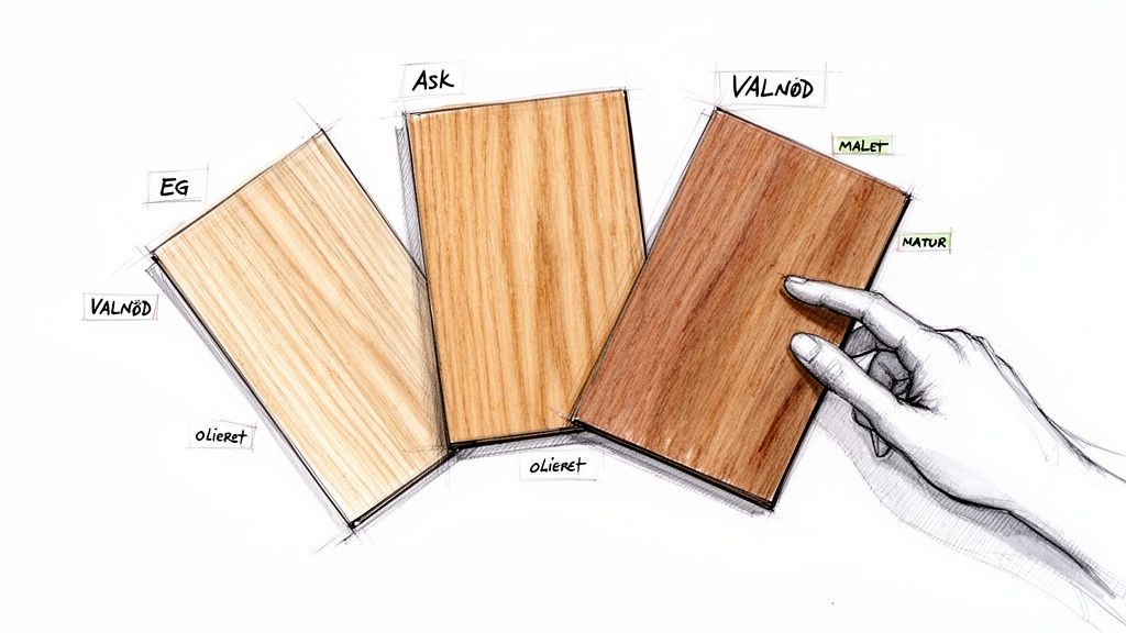 Illustration af tre træsorter (eg, ask, valnød) med forskellige overfladebehandlinger (olieret, malet, natur).