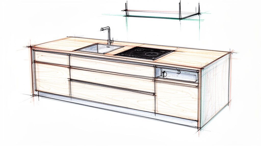 Skitseret køkkenø med vask, kogeplade og skuffer, der viser et moderne køkkendesign.