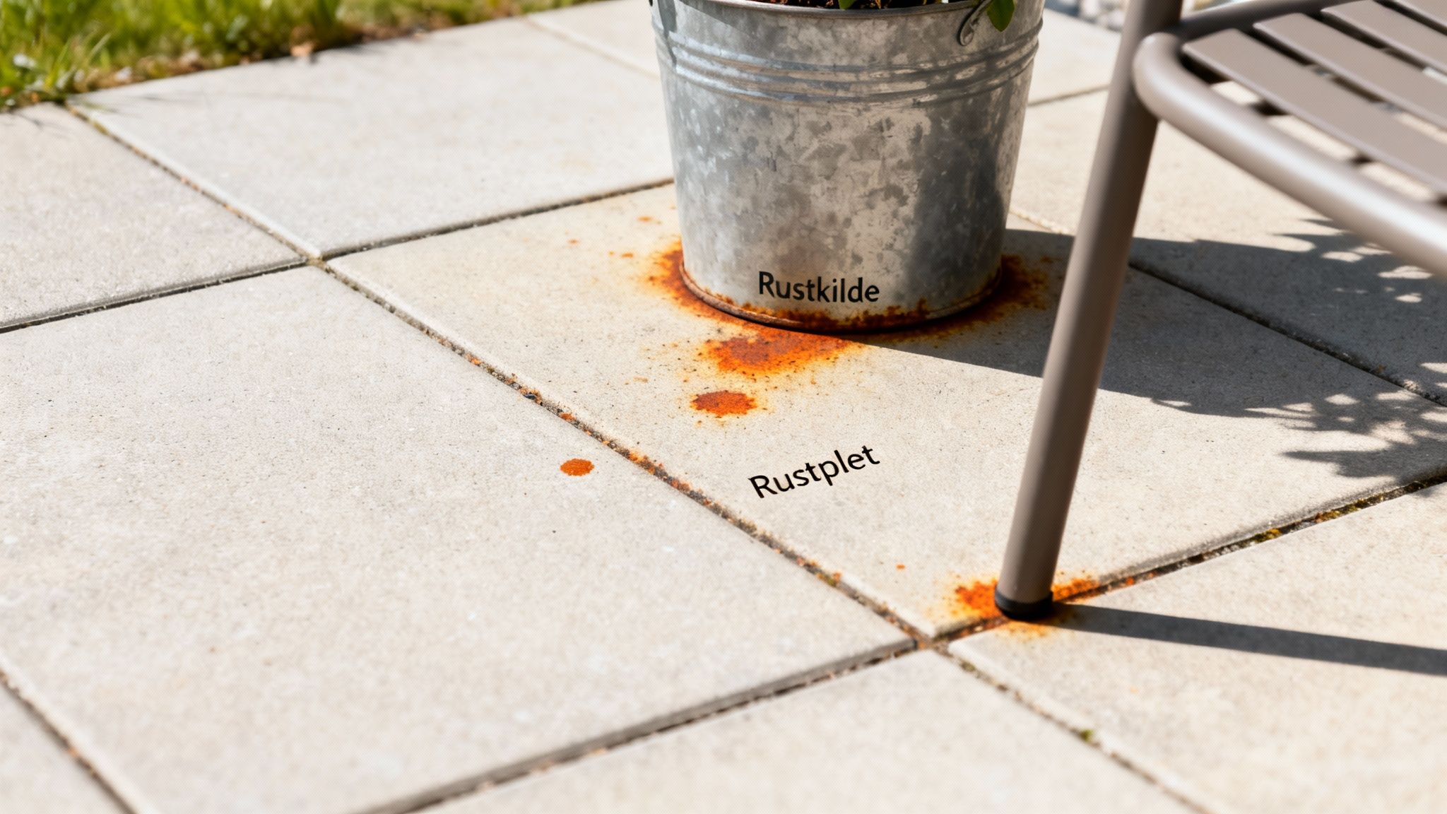 Rustpletter på lysegrå terrassefliser forårsaget af en metalspand og et stoleben. Tekst angiver 'Rustkilde' og 'Rustplet'.